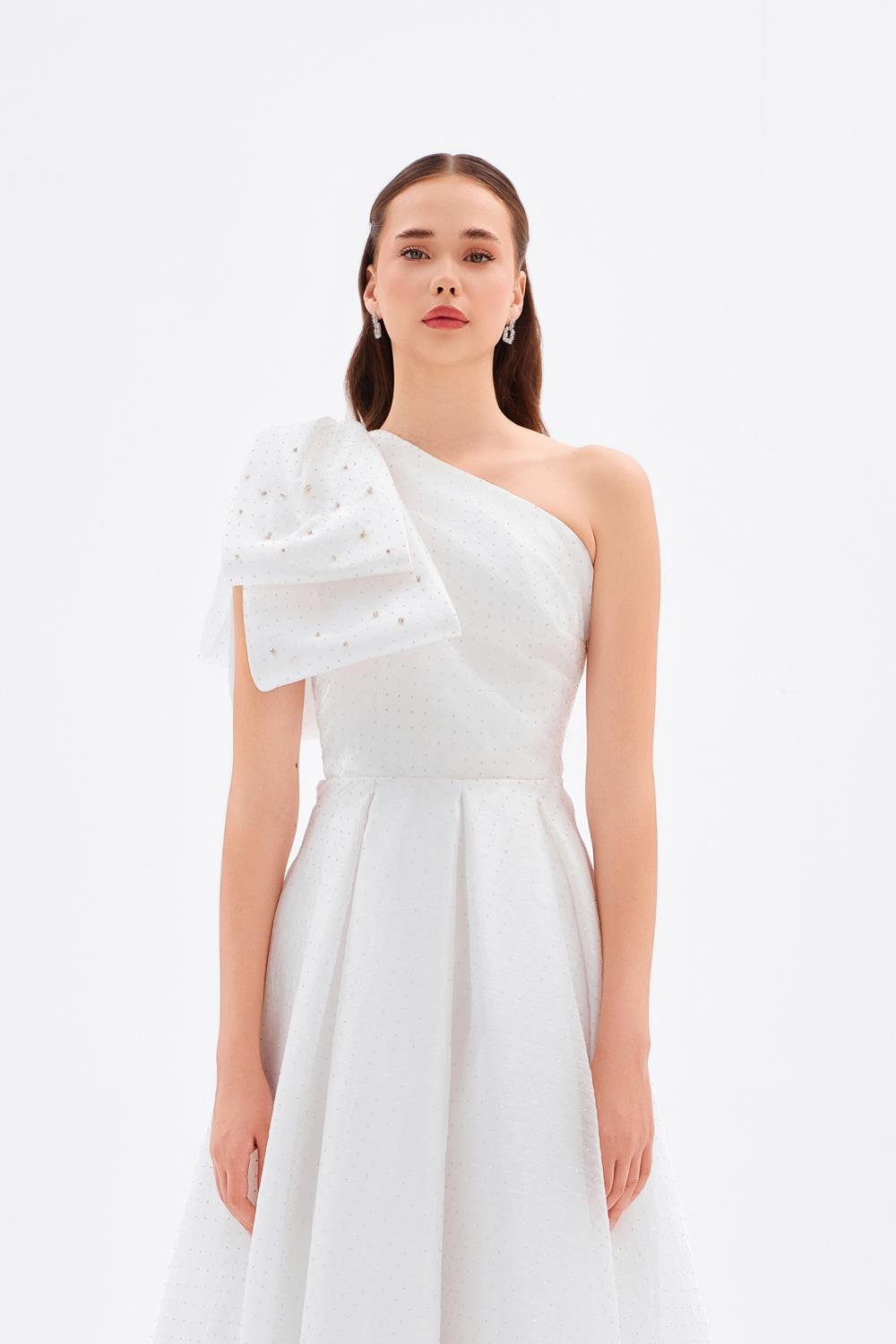 Tek Omuz Fiyonk Detaylı Uzun Abiye Elbise - 9062C