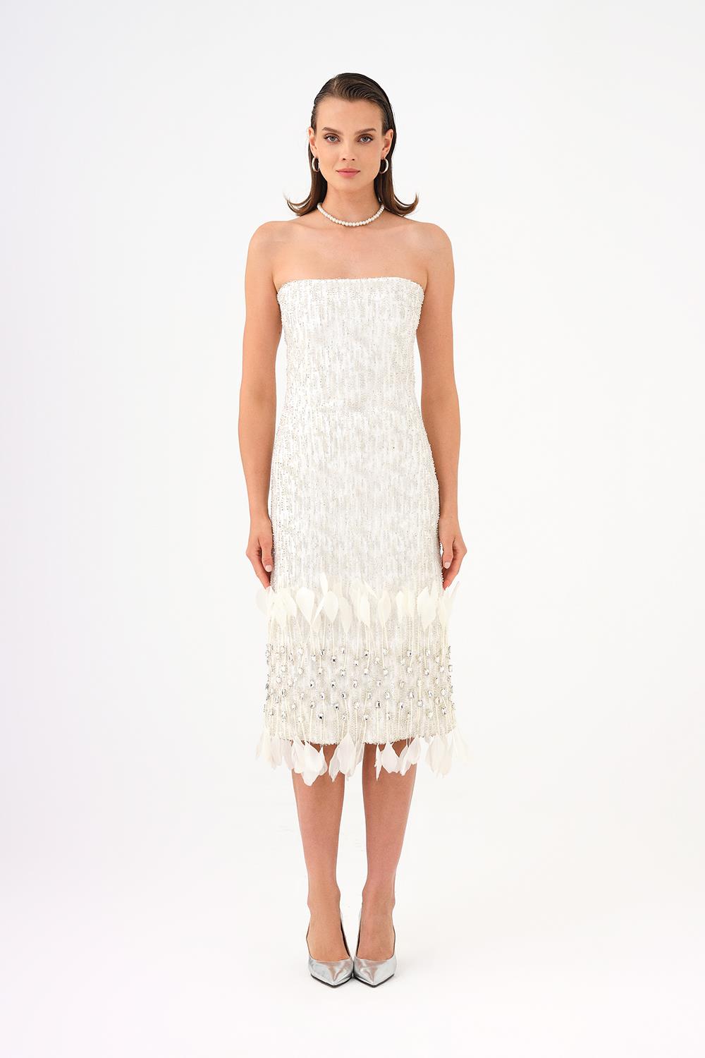 Tüy Detaylı Straplez Taşlı Midi Abiye Elbise - 9160C