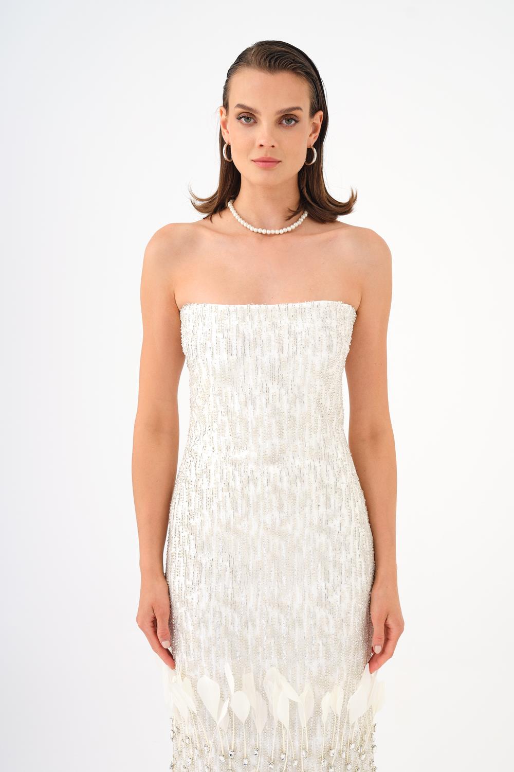 Tüy Detaylı Straplez Taşlı Midi Abiye Elbise - 9160C