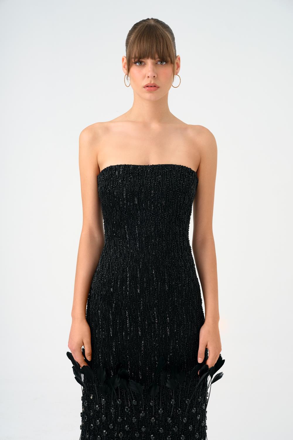 Tüy Detaylı Straplez Taşlı Midi Abiye Elbise - 9160C