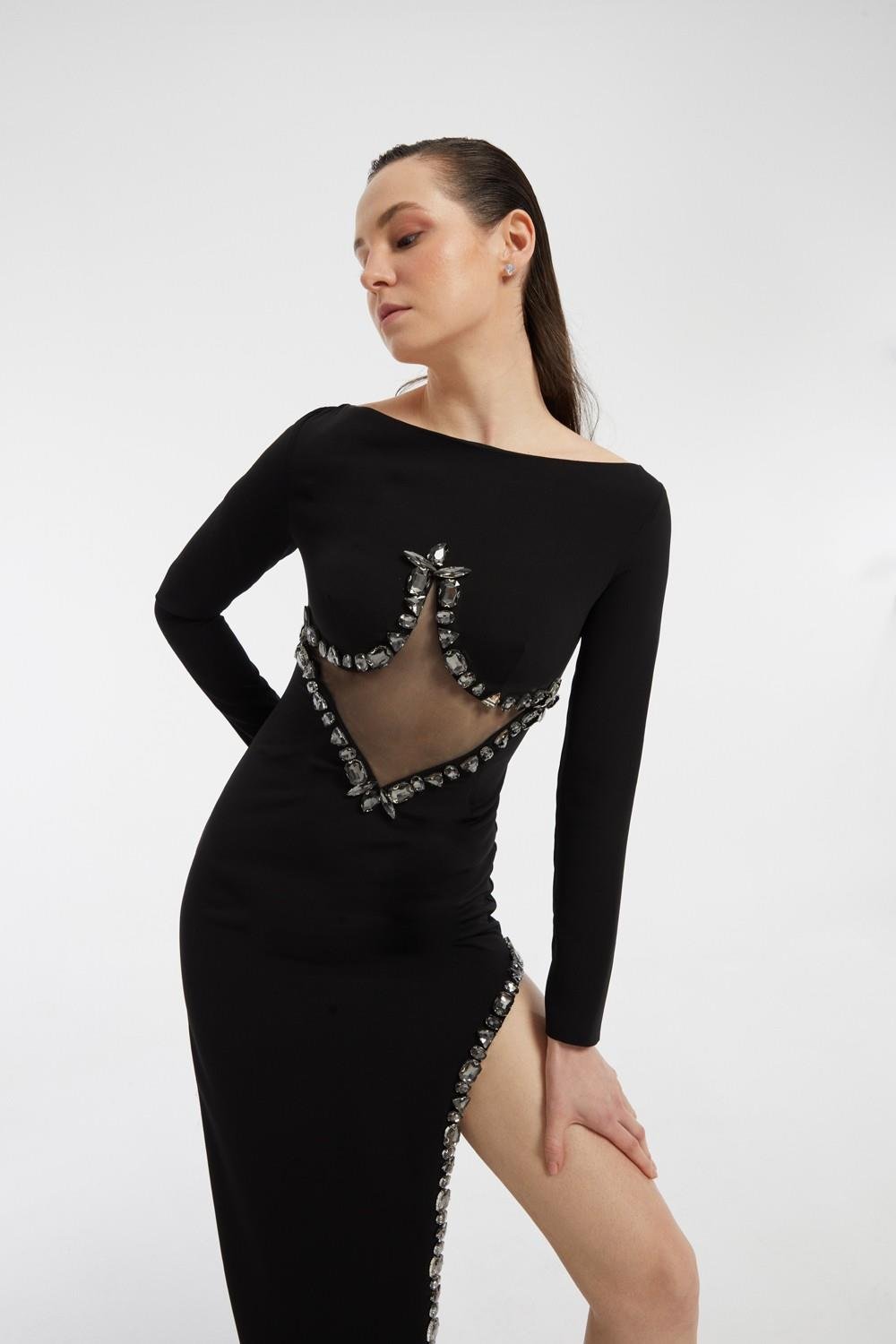 Göğüs İşleme Detaylı Uzun Kollu Yırtmaçlı Uzun Abiye Elbise - 3005C