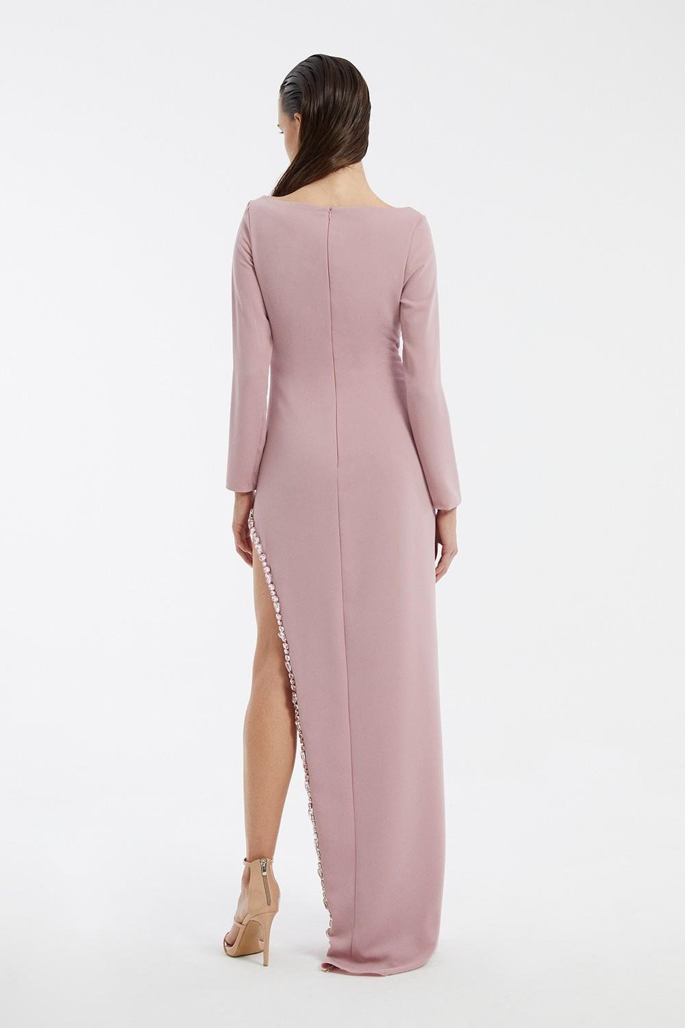 Göğüs İşleme Detaylı Uzun Kollu Yırtmaçlı Uzun Abiye Elbise - 3005C