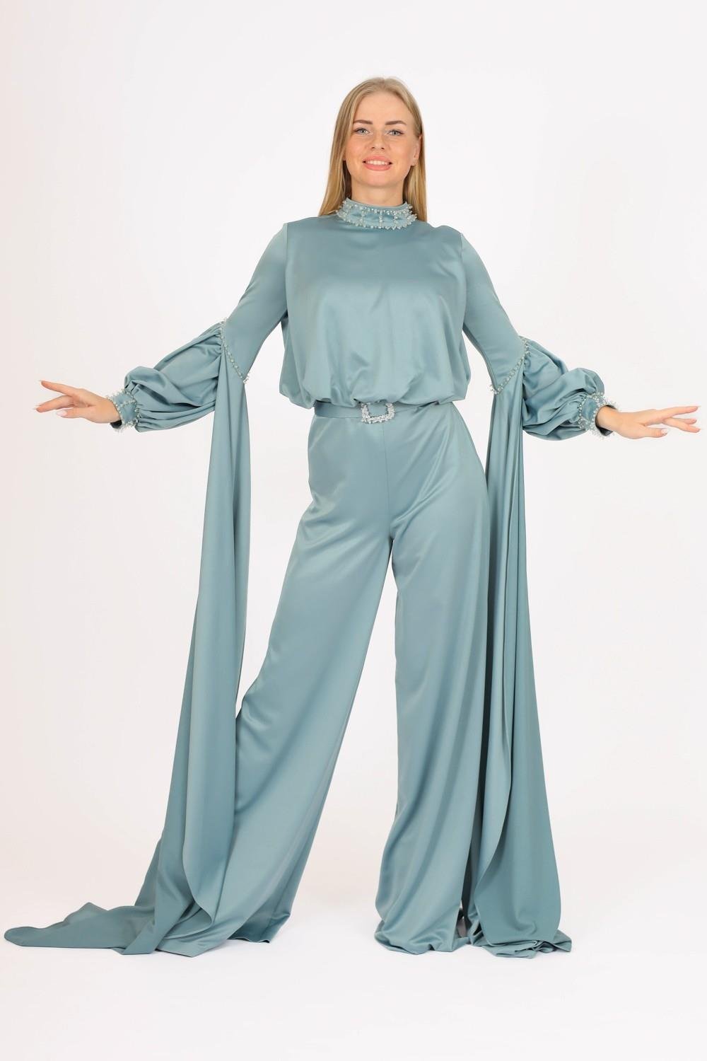 Sıfır Yaka Kemer Detaylı Tesettür Tulum Elbise - 8003C