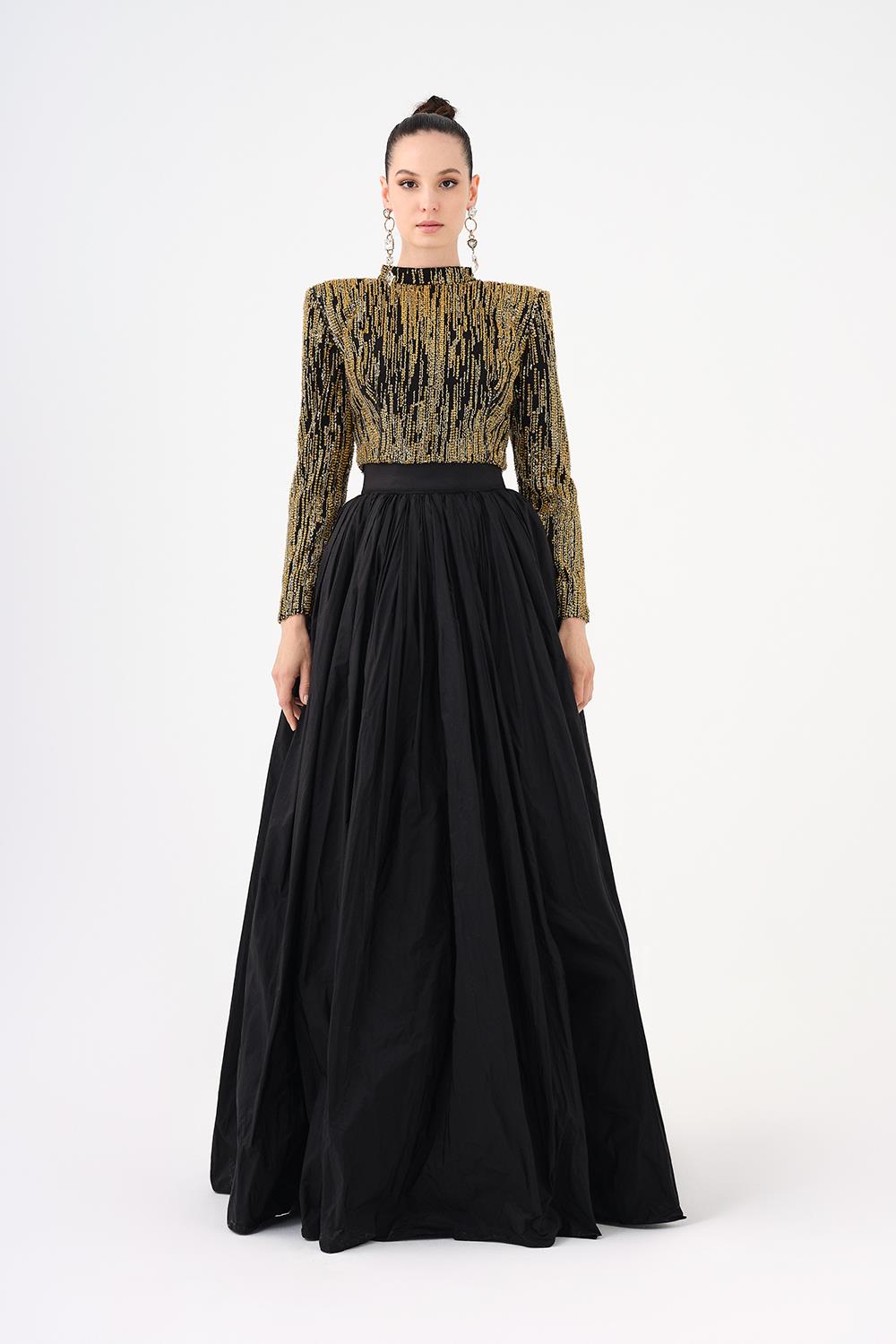 Uzun Kollu Taşlı Ceket - Tafta Etek Takım - 9064C