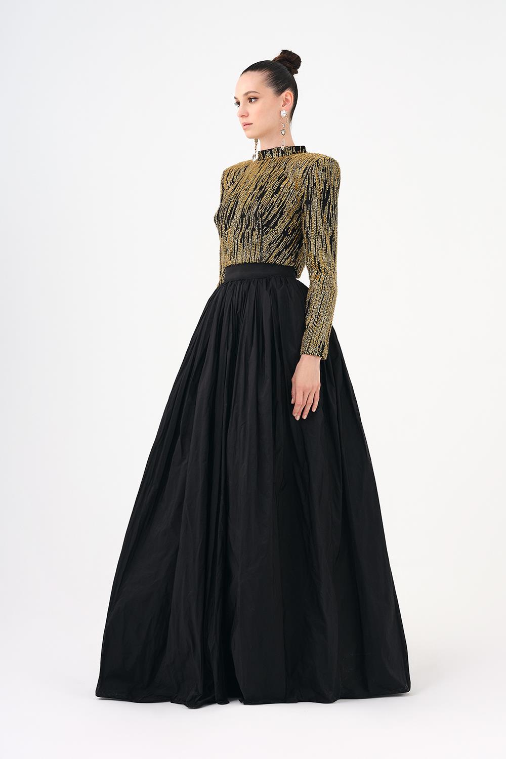 Uzun Kollu Taşlı Ceket - Tafta Etek Takım - 9064C