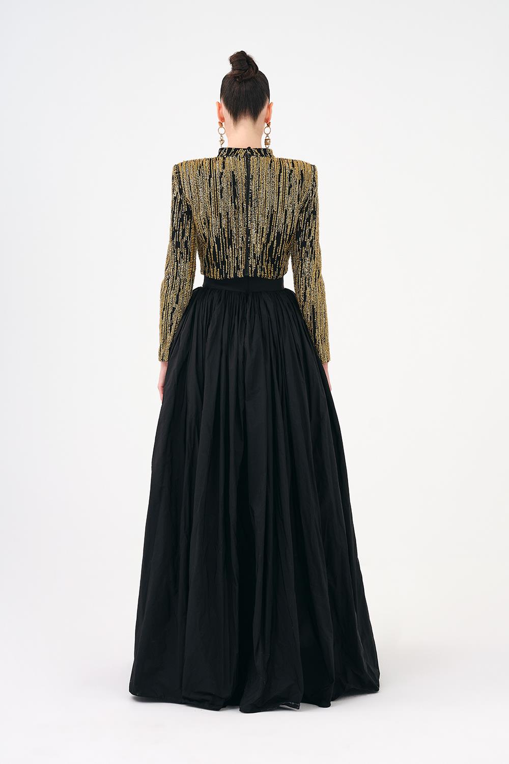 Uzun Kollu Taşlı Ceket - Tafta Etek Takım - 9064C