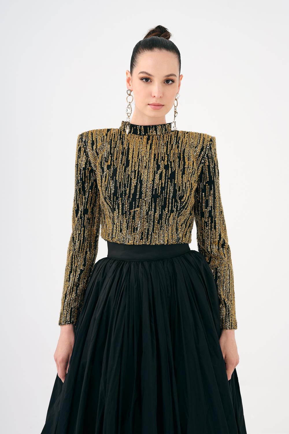 Uzun Kollu Taşlı Ceket - Tafta Etek Takım - 9064C