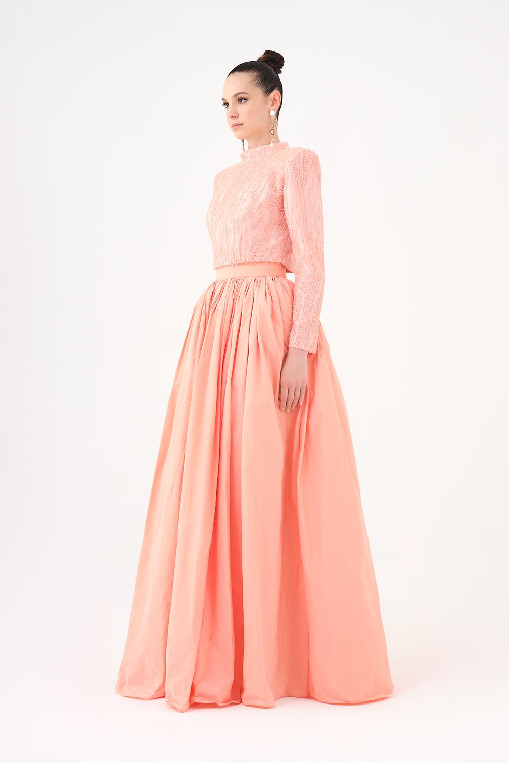 Uzun Kollu Taşlı Ceket - Tafta Etek Takım - 9064C