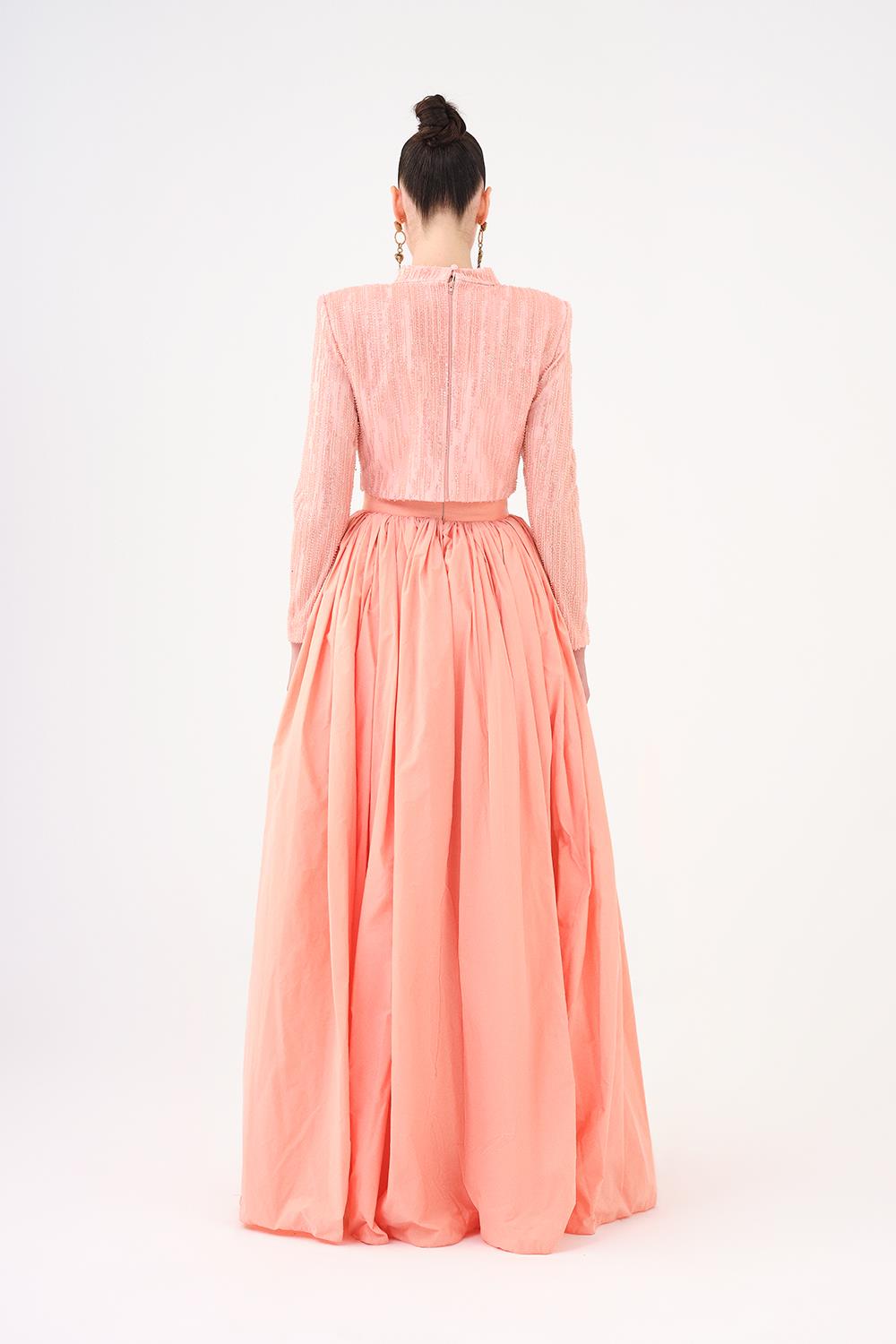 Uzun Kollu Taşlı Ceket - Tafta Etek Takım - 9064C