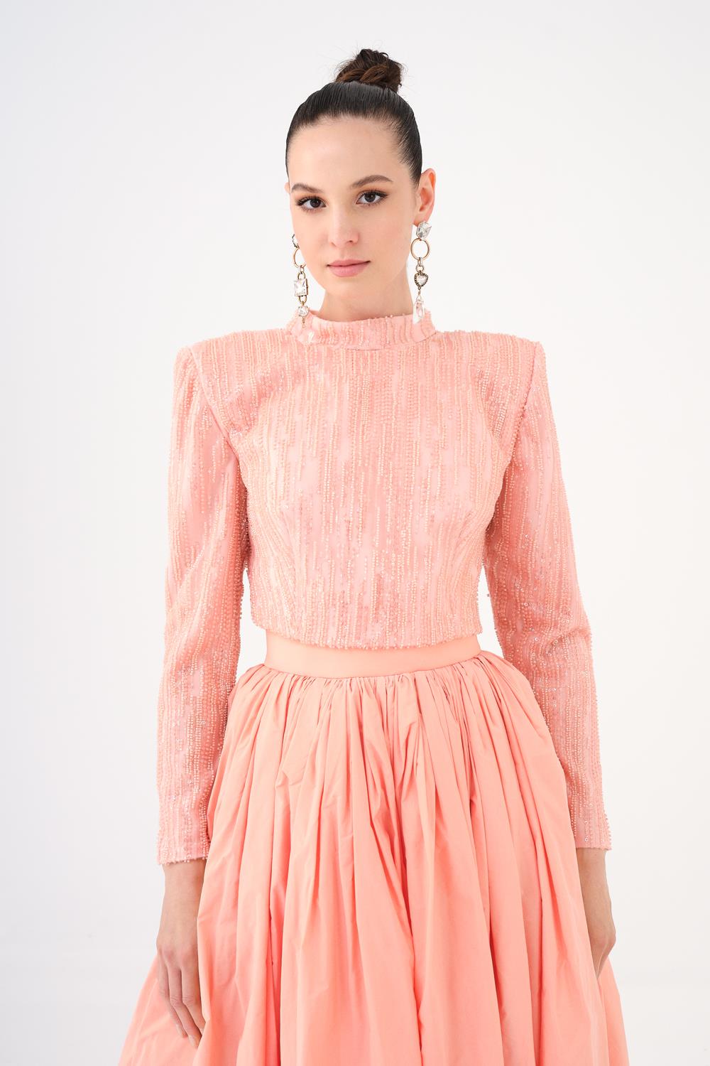 Uzun Kollu Taşlı Ceket - Tafta Etek Takım - 9064C