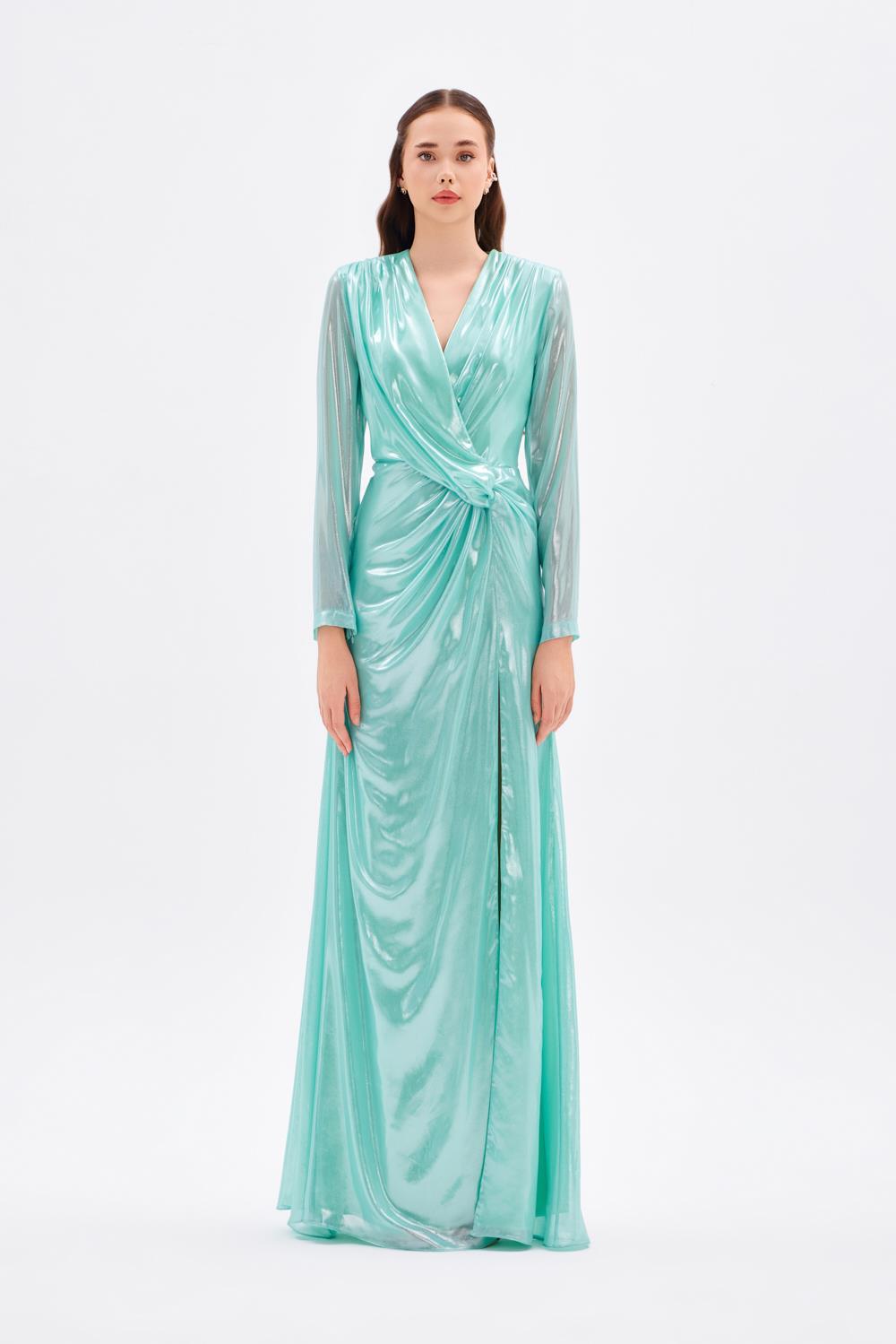 Uzun Kollu V Yaka Büzgü Detaylı Uzun Abiye Elbise - 5048C