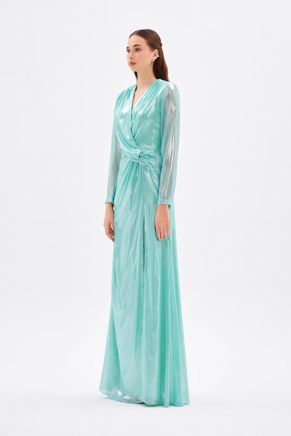 Uzun Kollu V Yaka Büzgü Detaylı Uzun Abiye Elbise - 5048C