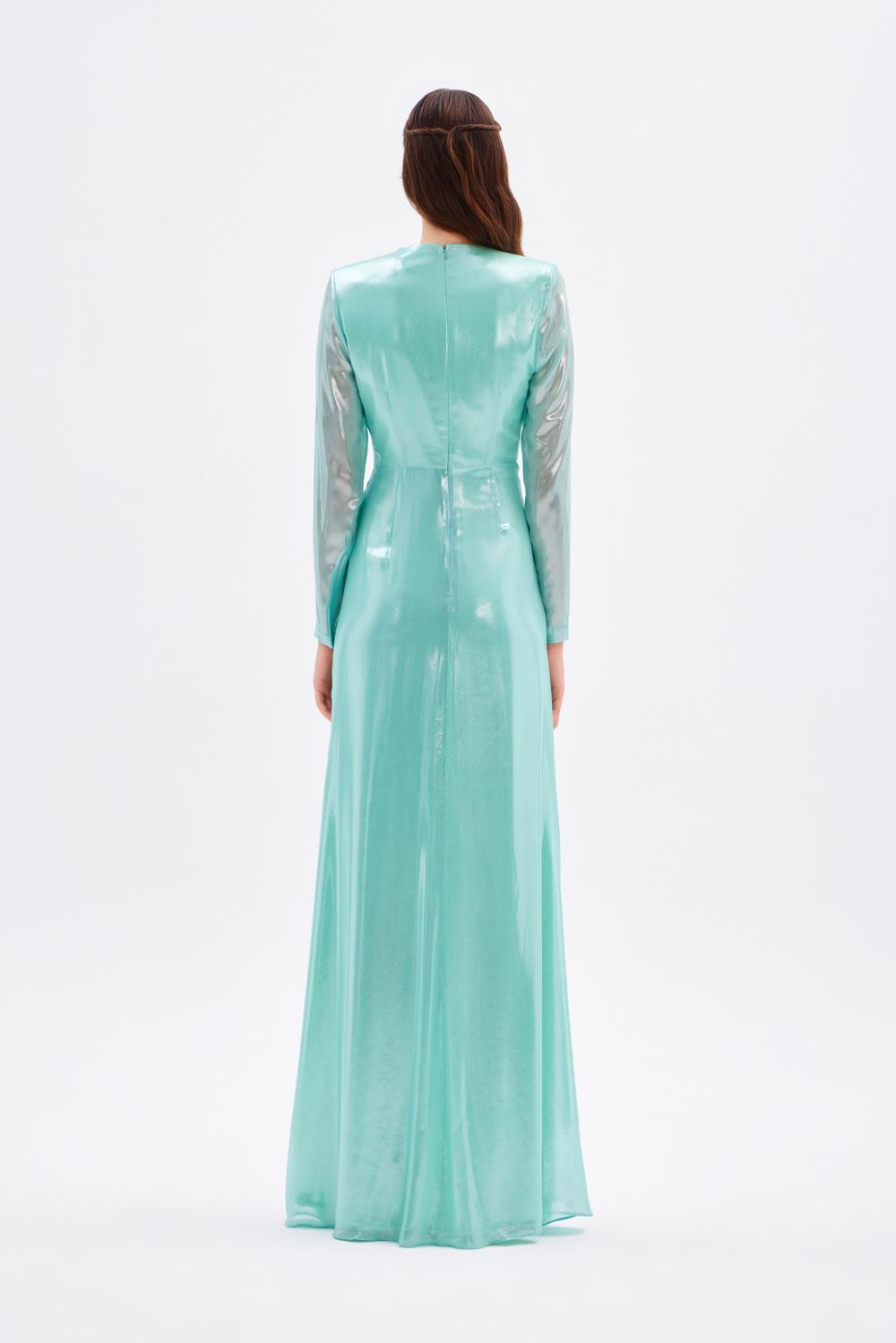 Uzun Kollu V Yaka Büzgü Detaylı Uzun Abiye Elbise - 5048C