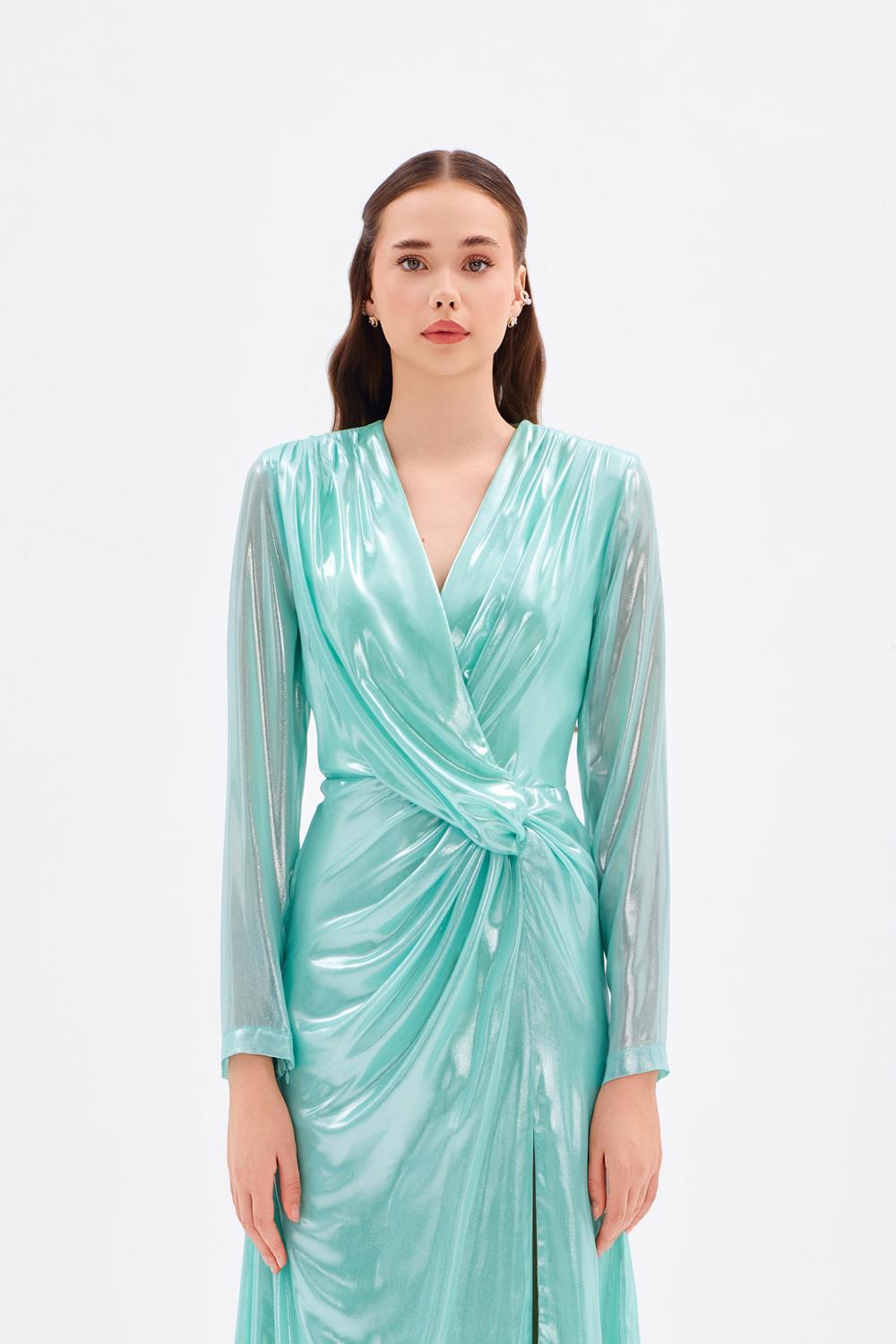 Uzun Kollu V Yaka Büzgü Detaylı Uzun Abiye Elbise - 5048C