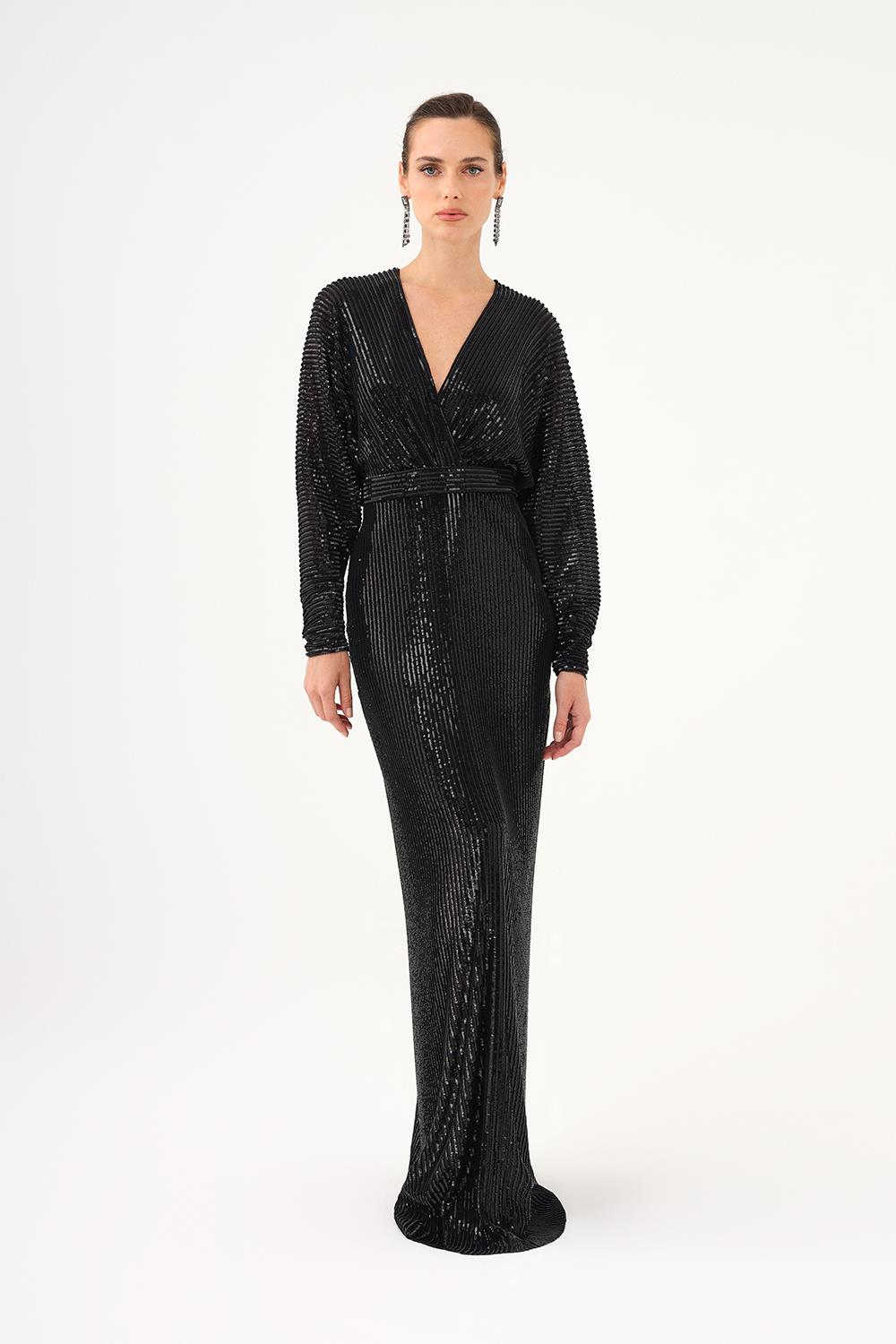 V Yaka Uzun Kollu Payet Uzun Abiye Elbise - 9114C