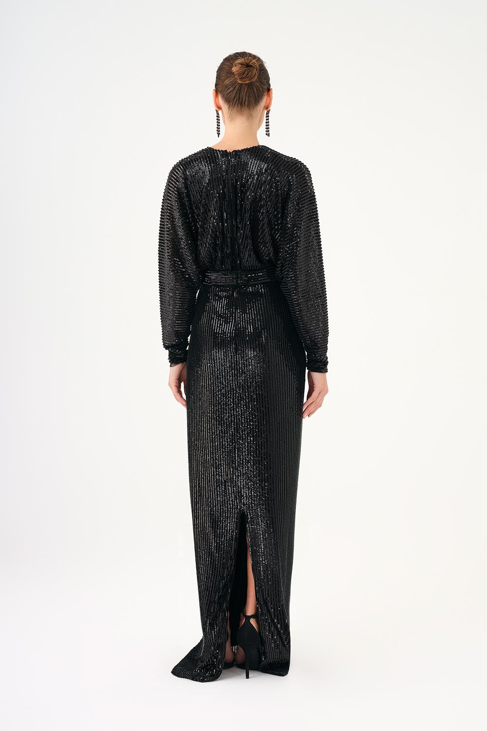 V Yaka Uzun Kollu Payet Uzun Abiye Elbise - 9114C