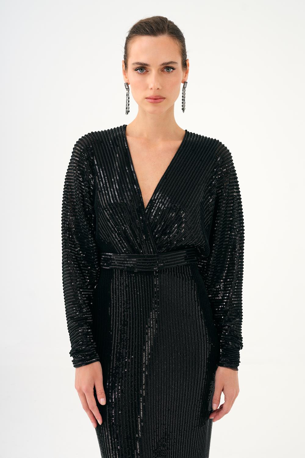 V Yaka Uzun Kollu Payet Uzun Abiye Elbise - 9114C