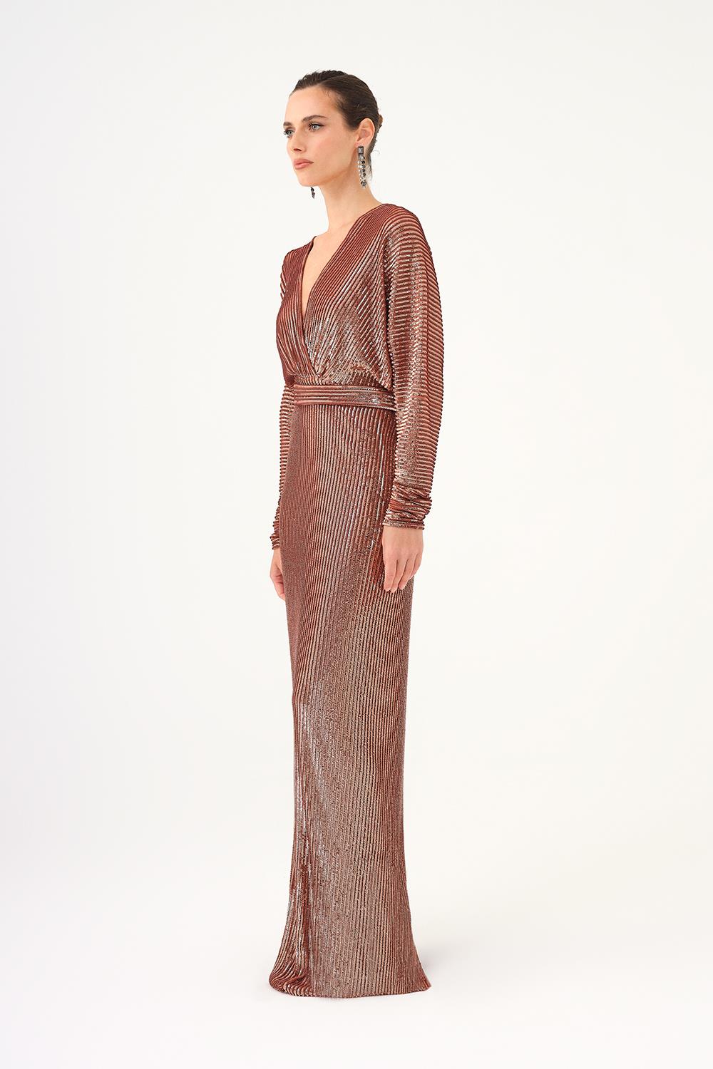 V Yaka Uzun Kollu Payet Uzun Abiye Elbise - 9114C