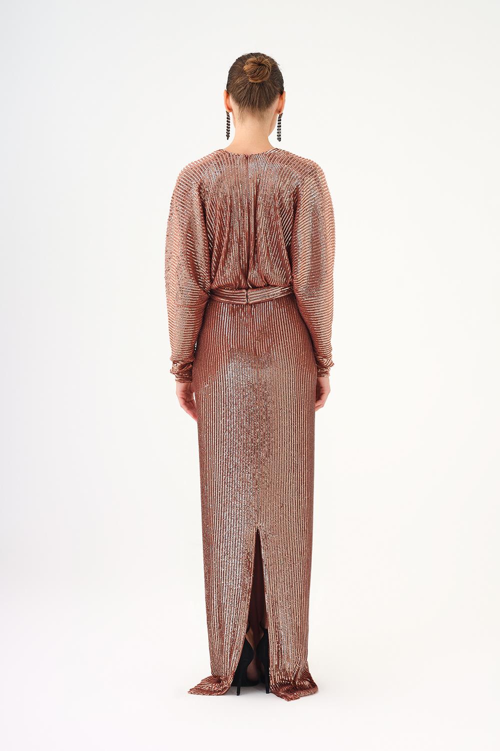 V Yaka Uzun Kollu Payet Uzun Abiye Elbise - 9114C