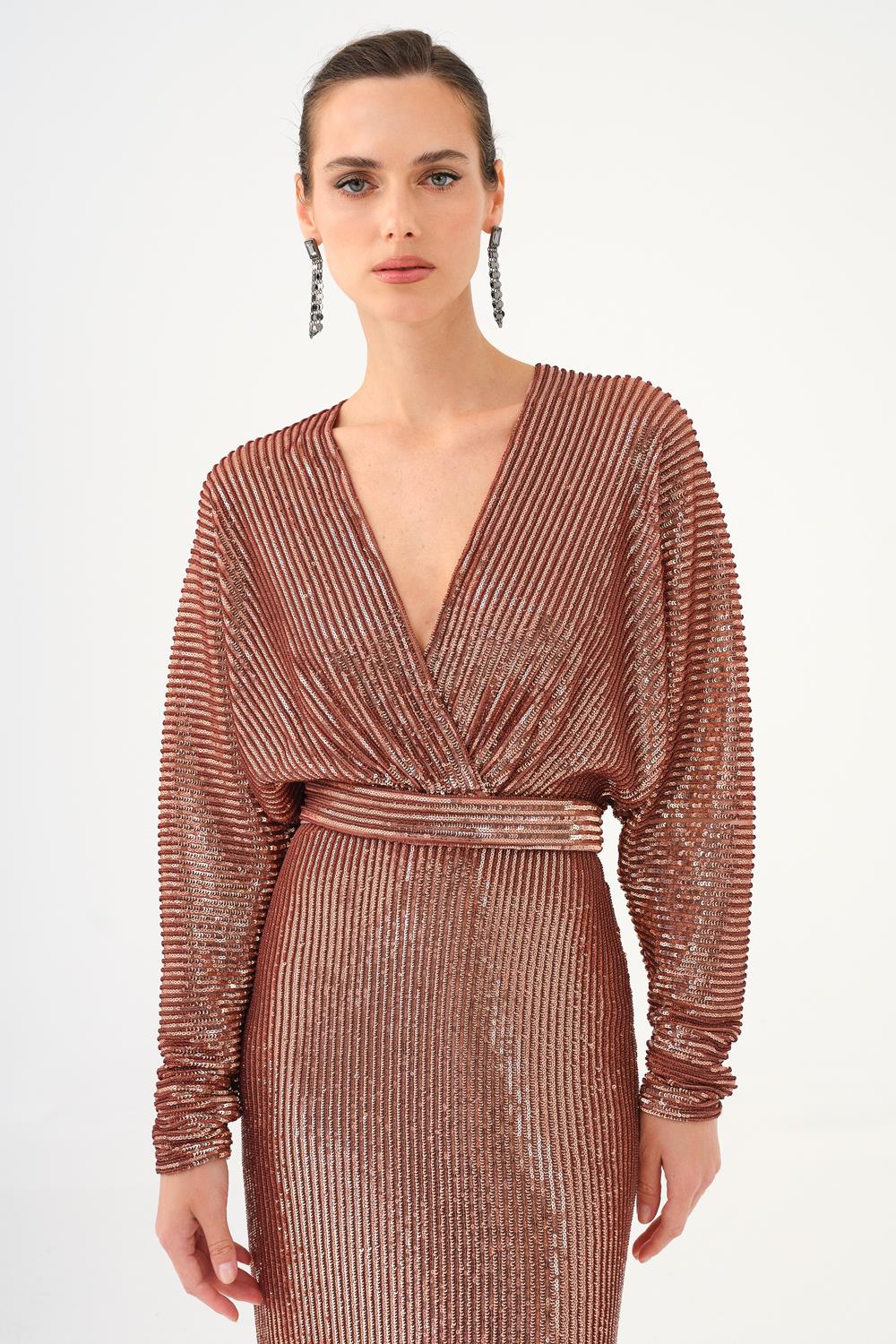 V Yaka Uzun Kollu Payet Uzun Abiye Elbise - 9114C