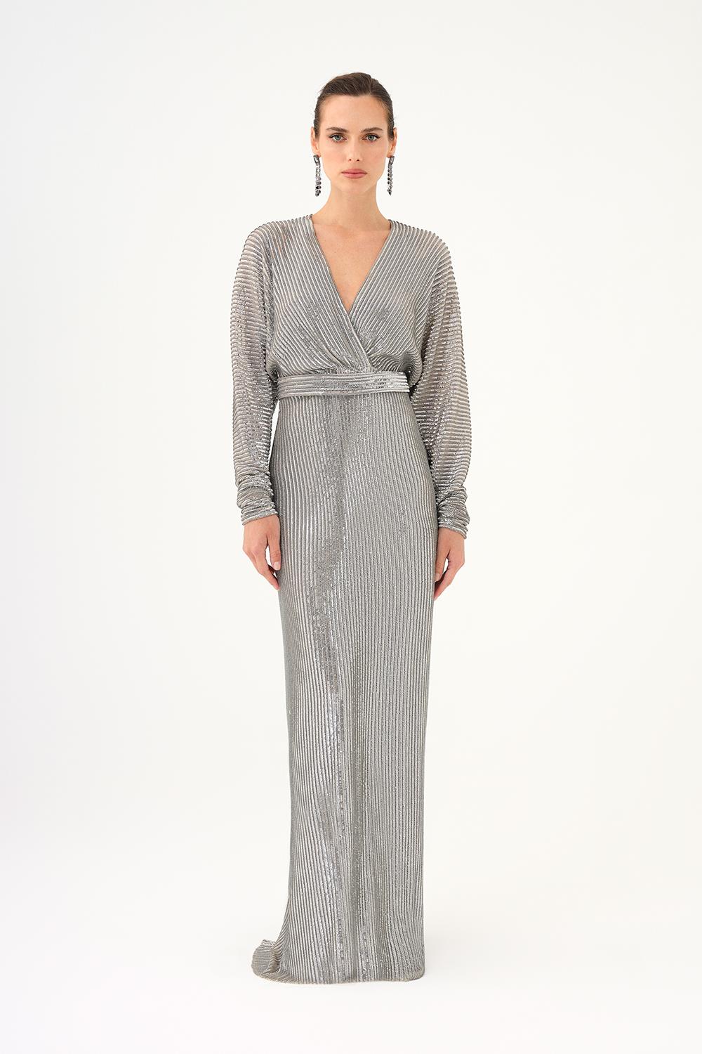 V Yaka Uzun Kollu Payet Uzun Abiye Elbise - 9114C