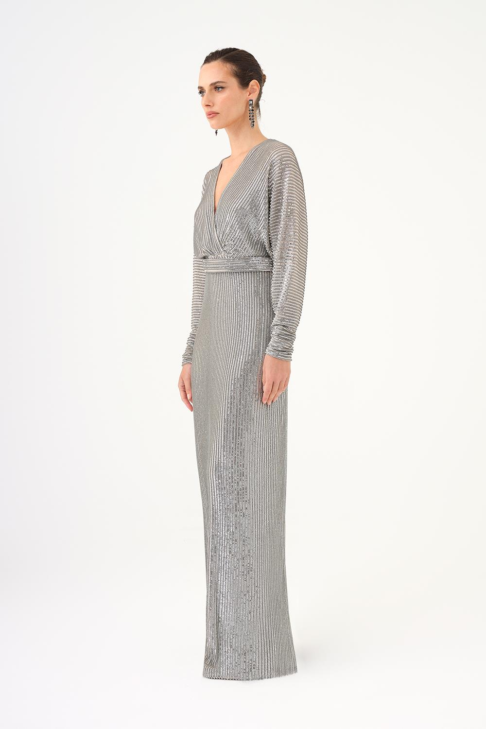 V Yaka Uzun Kollu Payet Uzun Abiye Elbise - 9114C