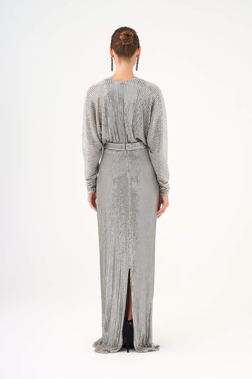 V Yaka Uzun Kollu Payet Uzun Abiye Elbise - 9114C