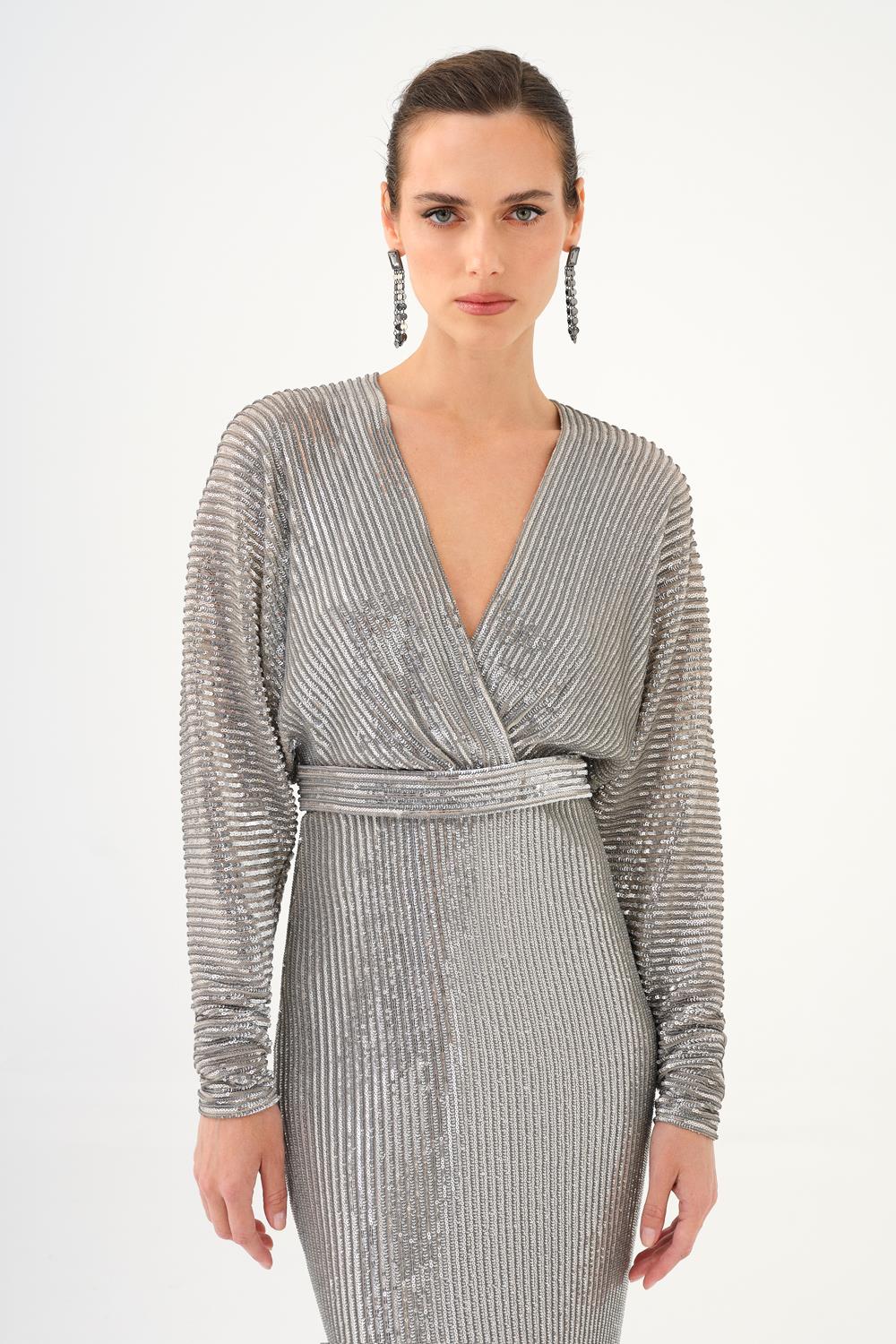 V Yaka Uzun Kollu Payet Uzun Abiye Elbise - 9114C