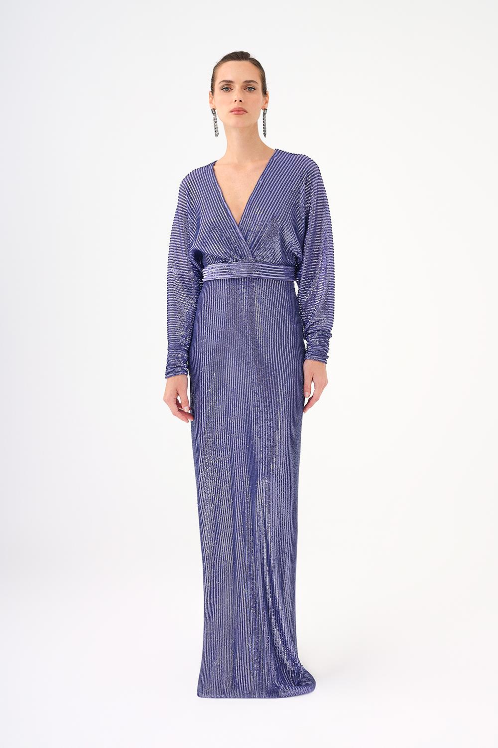 V Yaka Uzun Kollu Payet Uzun Abiye Elbise - 9114C