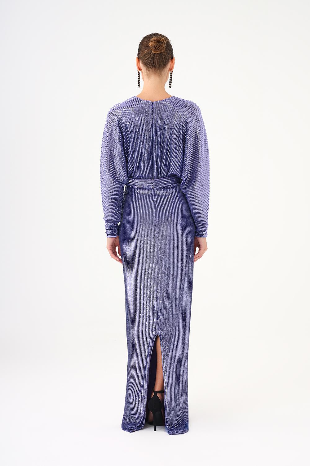 V Yaka Uzun Kollu Payet Uzun Abiye Elbise - 9114C