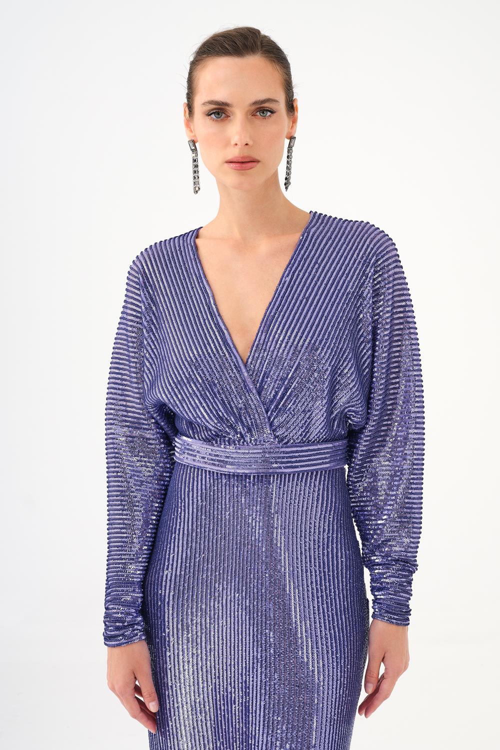 V Yaka Uzun Kollu Payet Uzun Abiye Elbise - 9114C