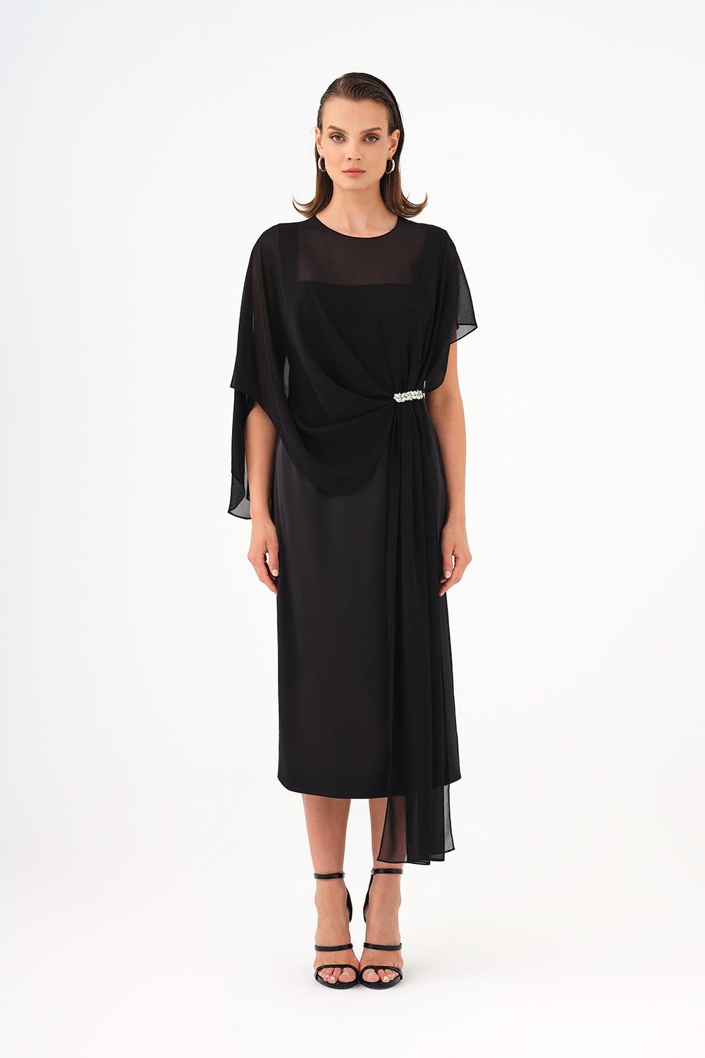 Yarasa Kollu Taş İşleme Detaylı Midi Abiye Elbise - 9187C