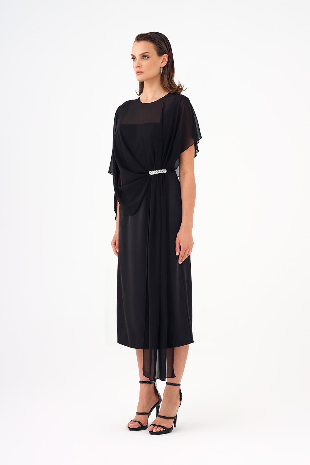 Yarasa Kollu Taş İşleme Detaylı Midi Abiye Elbise - 9187C