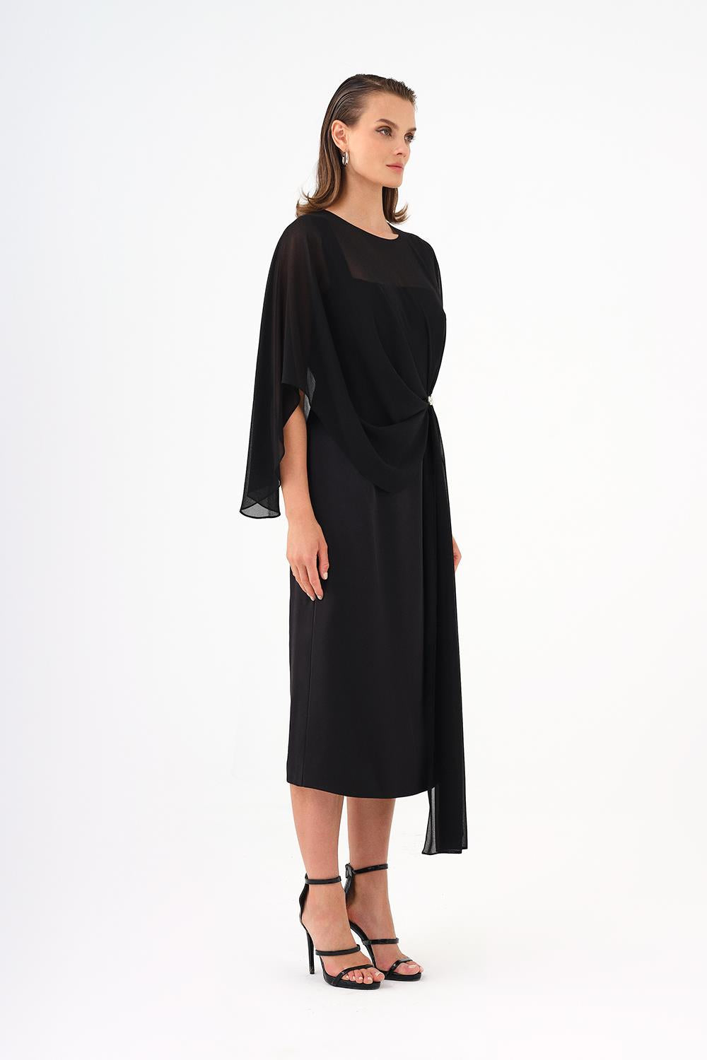 Yarasa Kollu Taş İşleme Detaylı Midi Abiye Elbise - 9187C