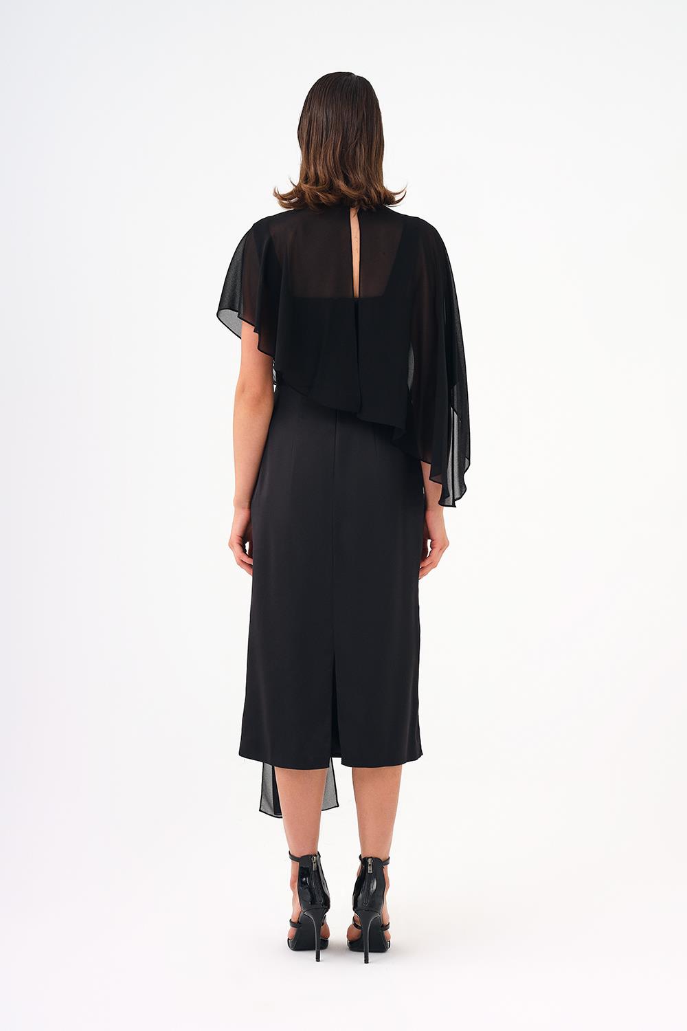 Yarasa Kollu Taş İşleme Detaylı Midi Abiye Elbise - 9187C