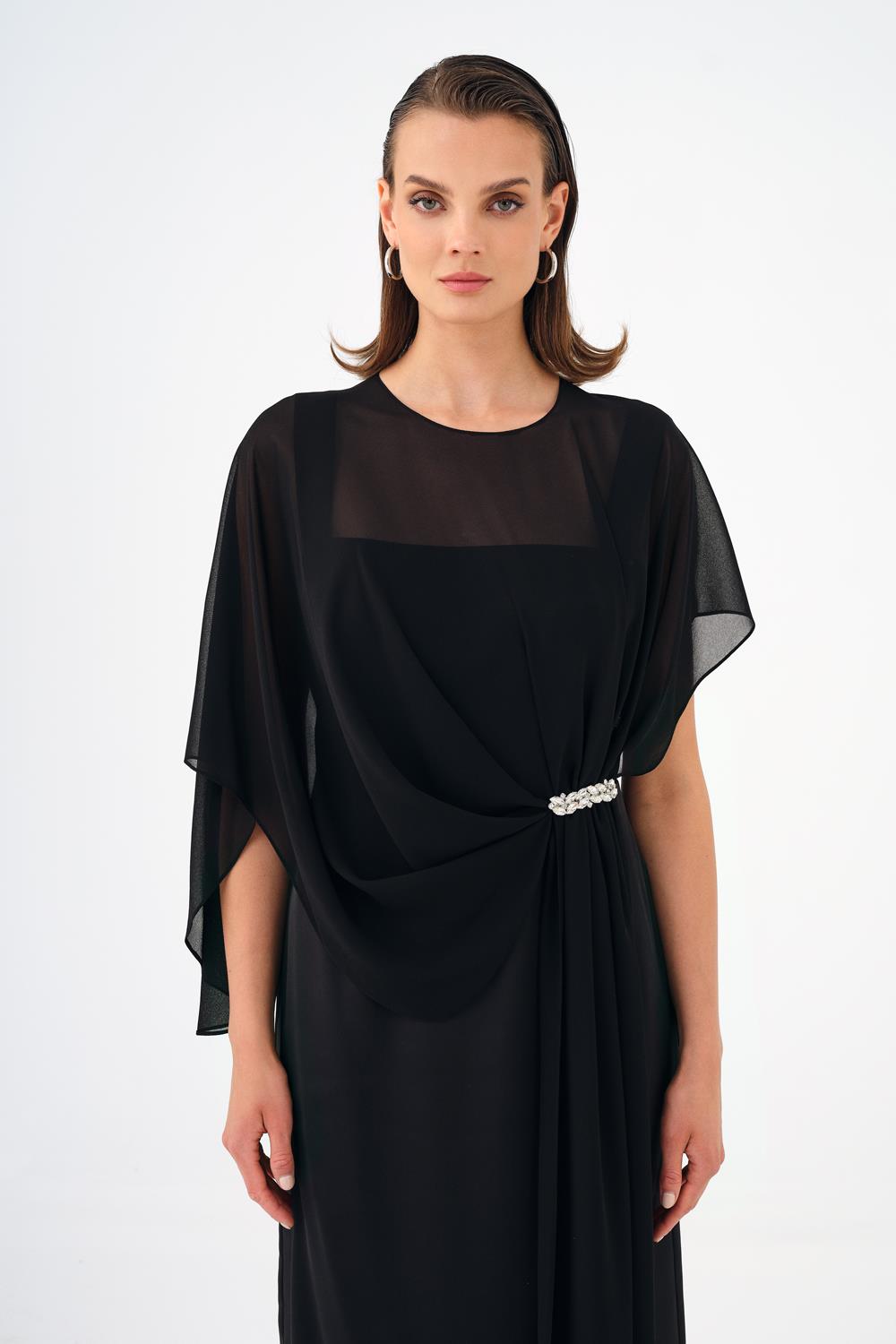 Yarasa Kollu Taş İşleme Detaylı Midi Abiye Elbise - 9187C