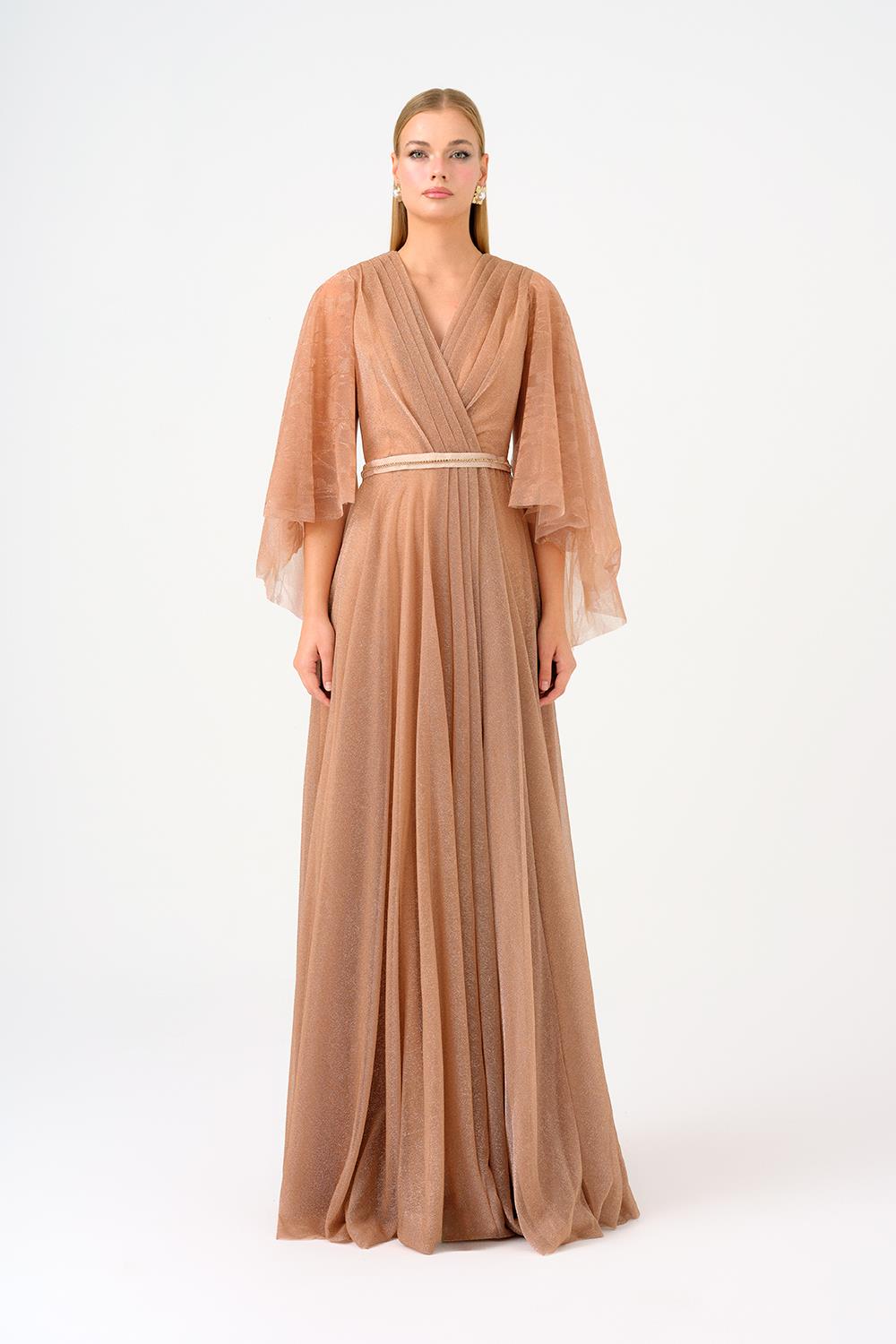 Volanlı Yarım Kol Simli Uzun Abiye Elbise - 9144C