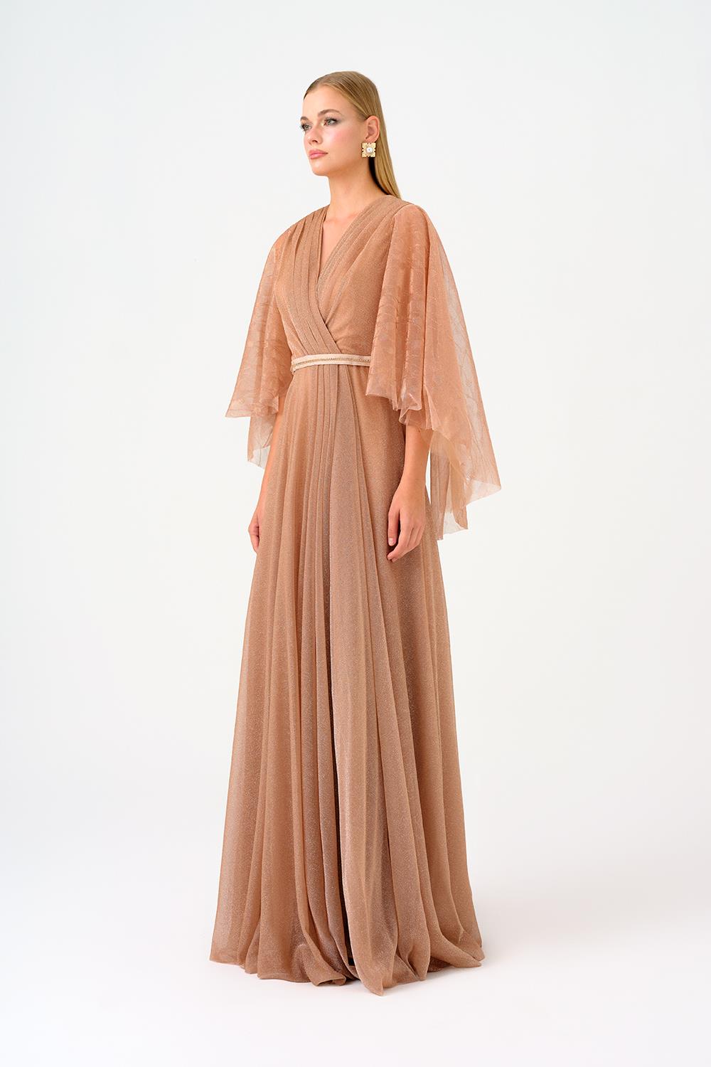 Volanlı Yarım Kol Simli Uzun Abiye Elbise - 9144C