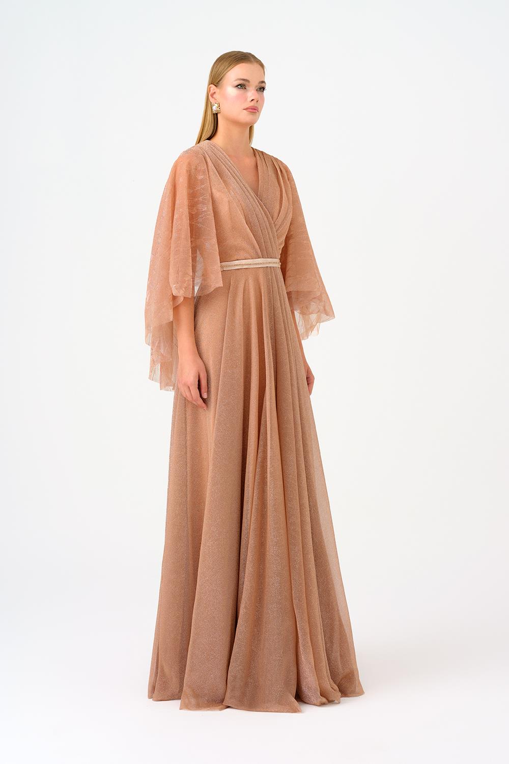 Volanlı Yarım Kol Simli Uzun Abiye Elbise - 9144C