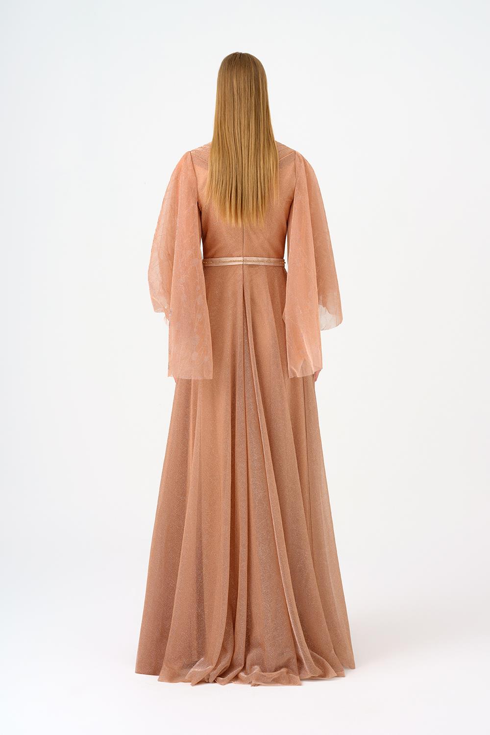 Volanlı Yarım Kol Simli Uzun Abiye Elbise - 9144C