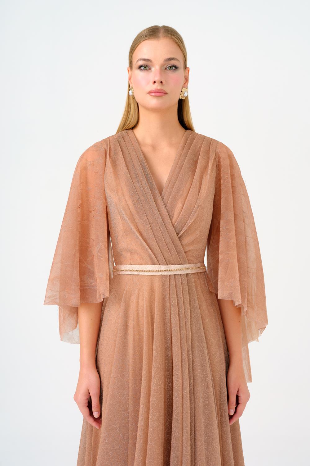 Volanlı Yarım Kol Simli Uzun Abiye Elbise - 9144C