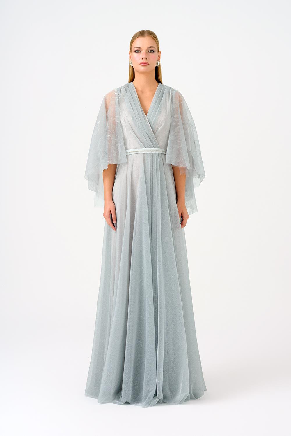 Volanlı Yarım Kol Simli Uzun Abiye Elbise - 9144C