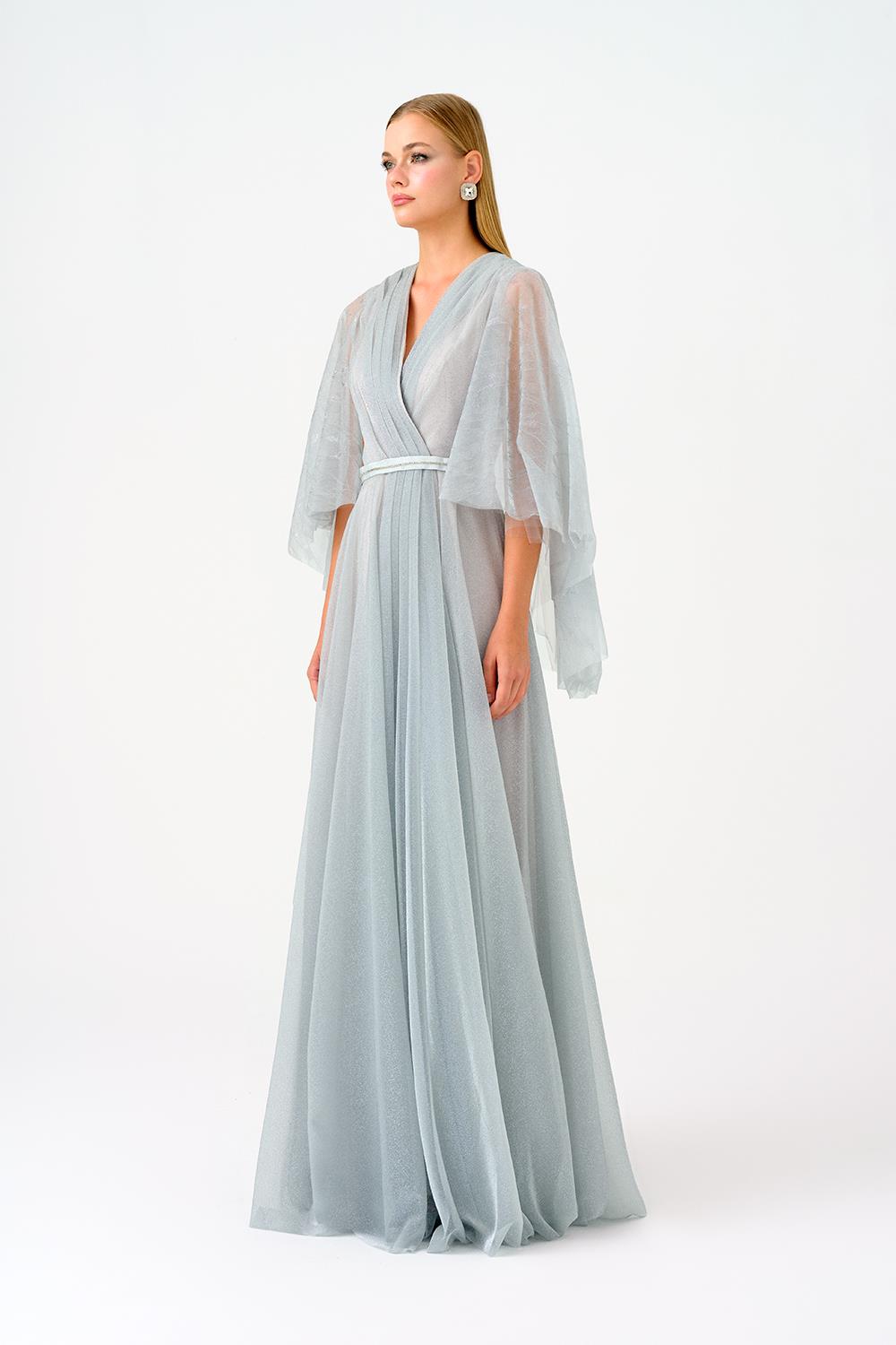 Volanlı Yarım Kol Simli Uzun Abiye Elbise - 9144C