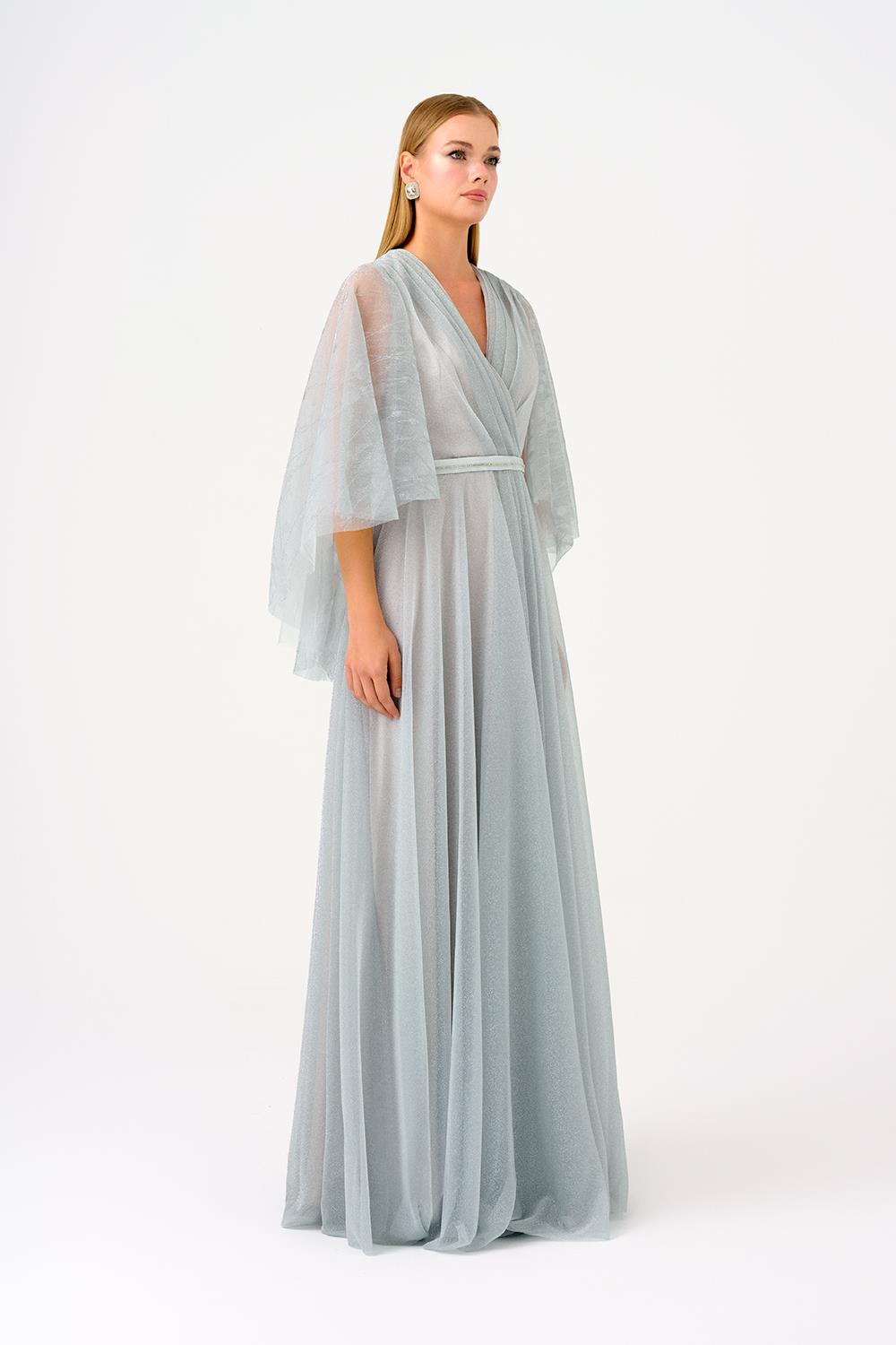 Volanlı Yarım Kol Simli Uzun Abiye Elbise - 9144C