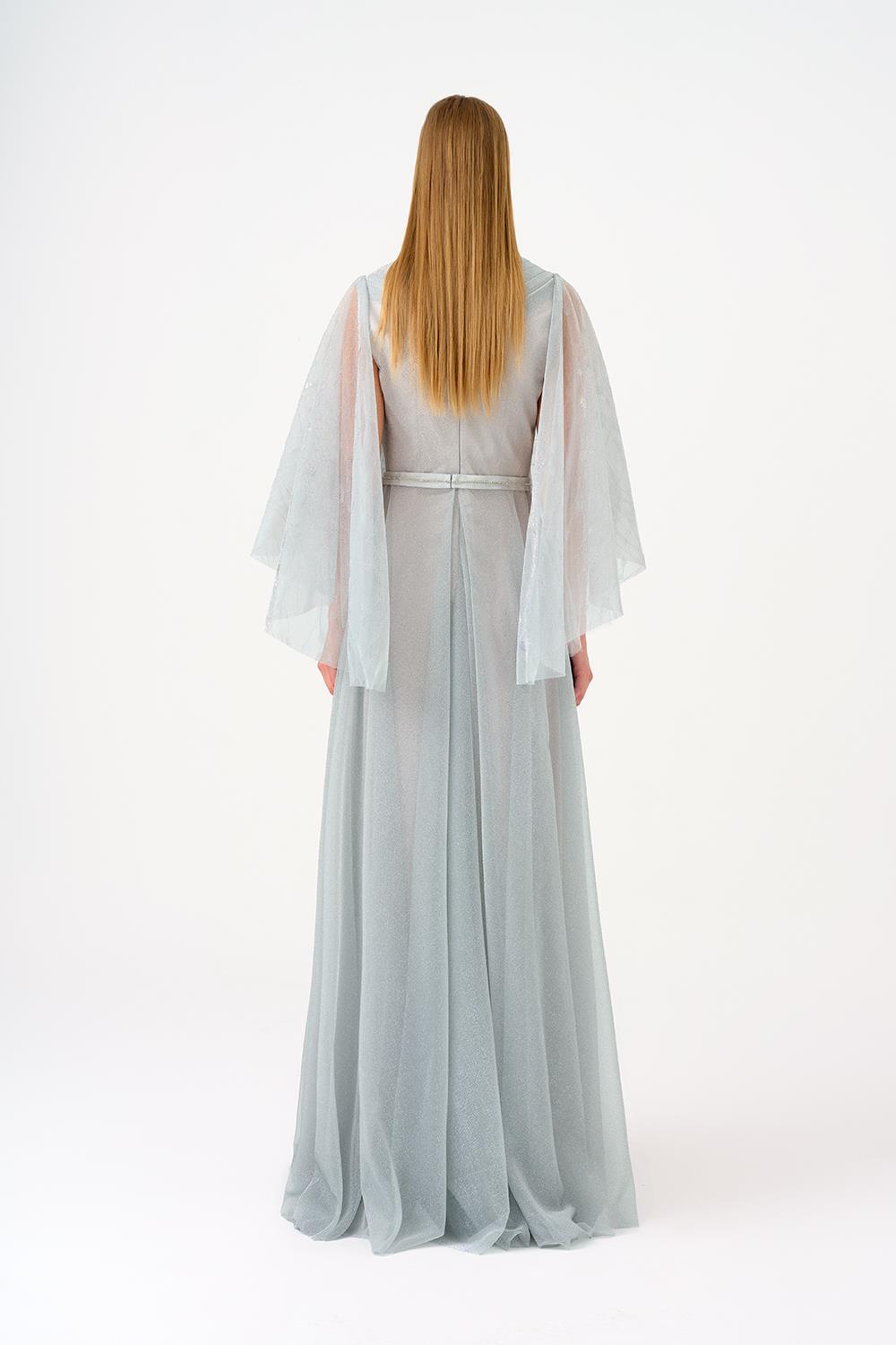 Volanlı Yarım Kol Simli Uzun Abiye Elbise - 9144C