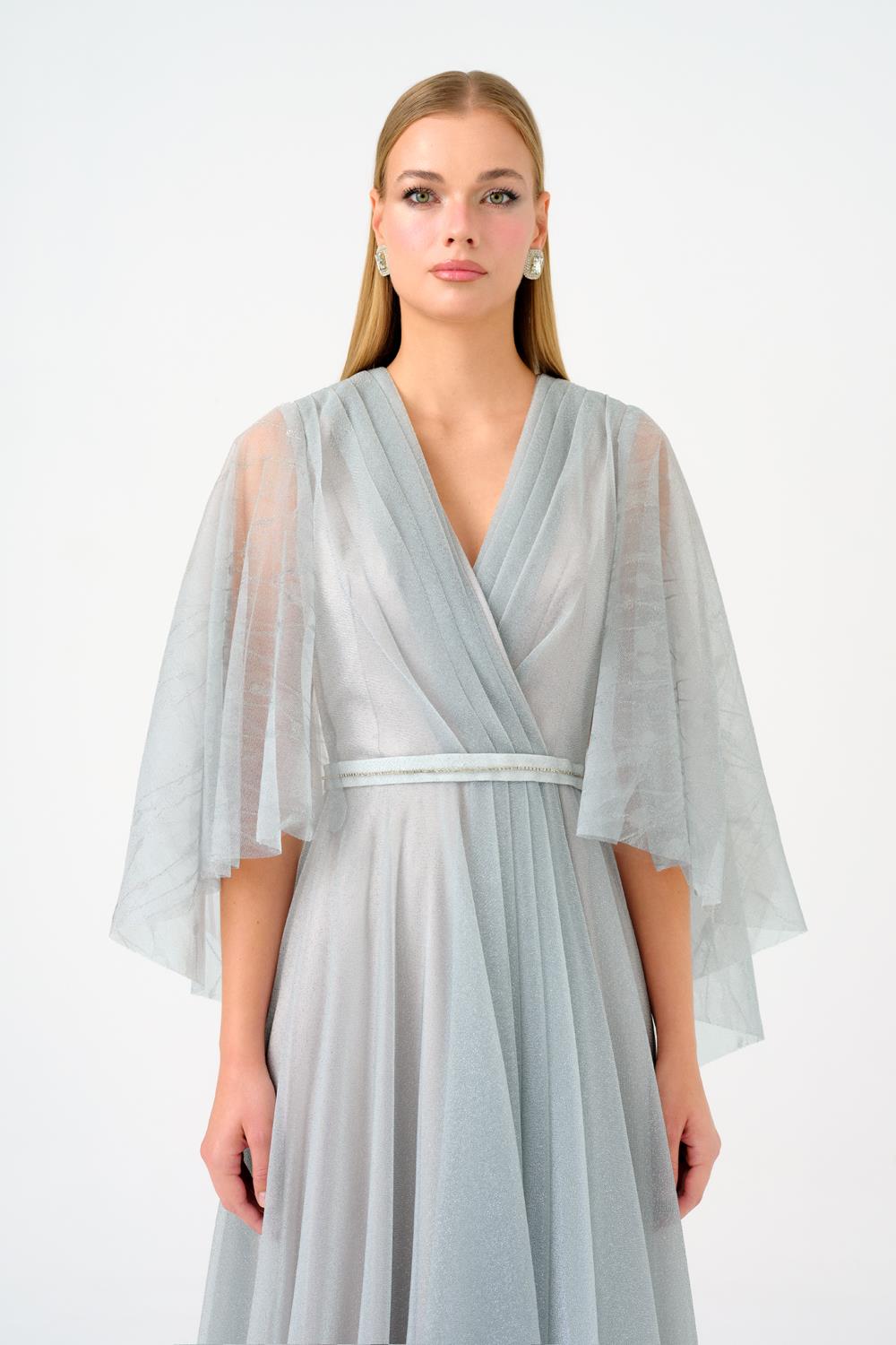 Volanlı Yarım Kol Simli Uzun Abiye Elbise - 9144C