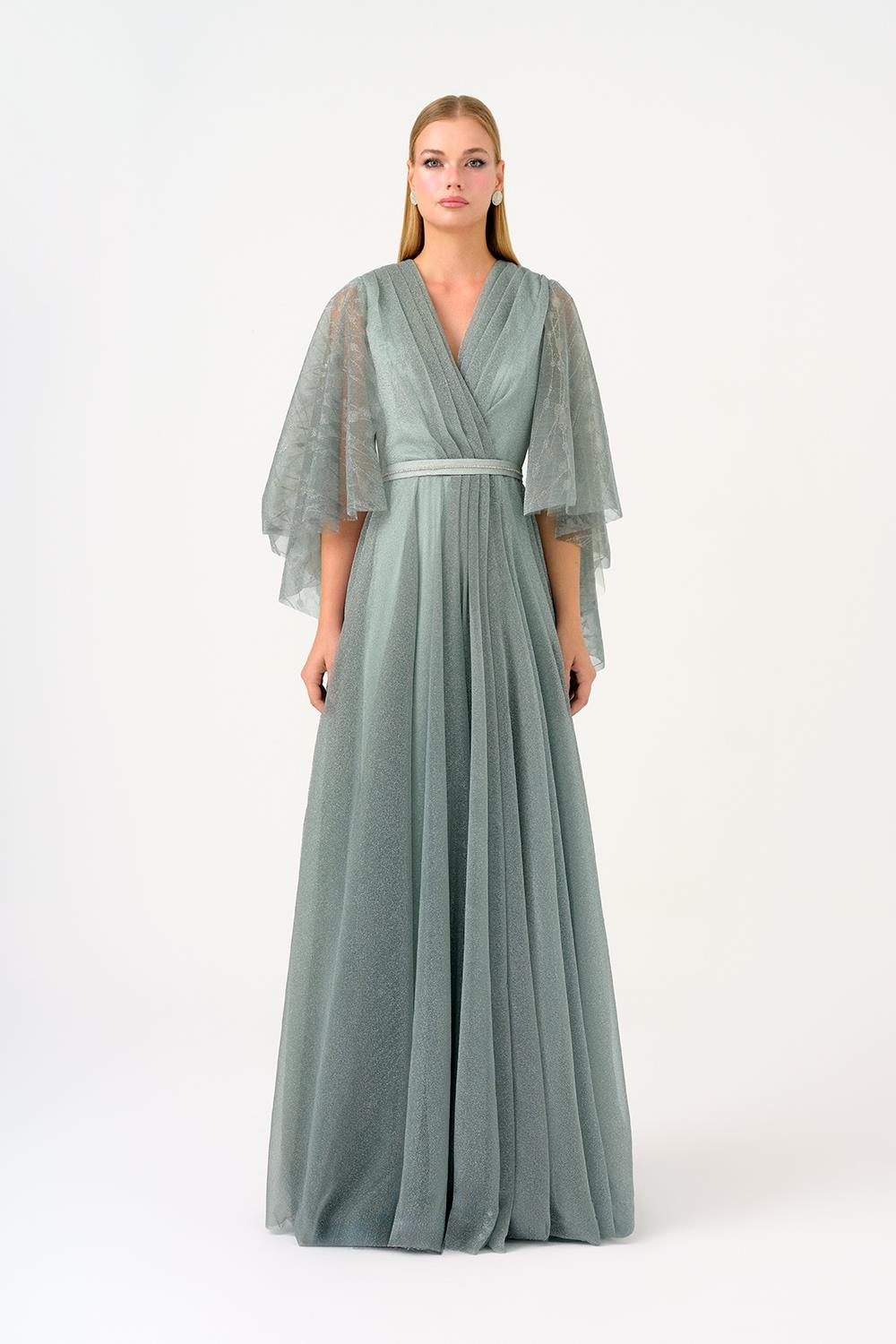 Volanlı Yarım Kol Simli Uzun Abiye Elbise - 9144C