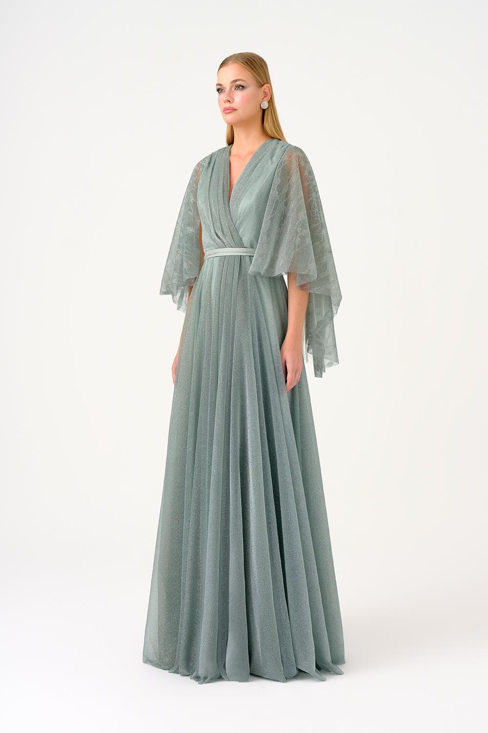 Volanlı Yarım Kol Simli Uzun Abiye Elbise - 9144C