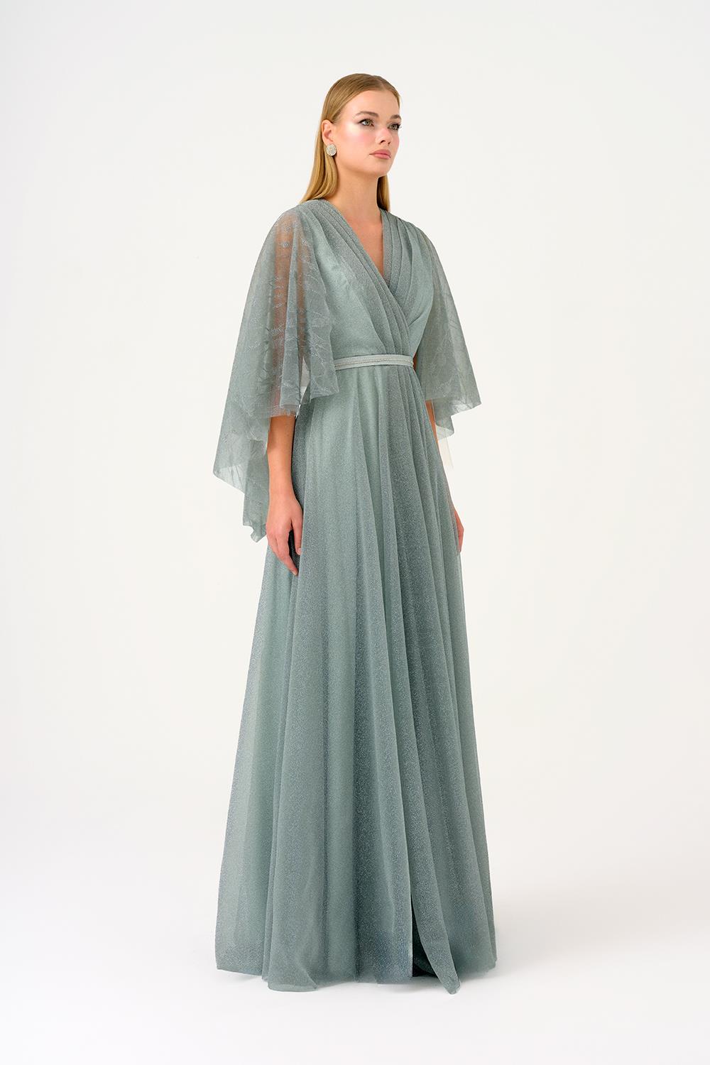 Volanlı Yarım Kol Simli Uzun Abiye Elbise - 9144C