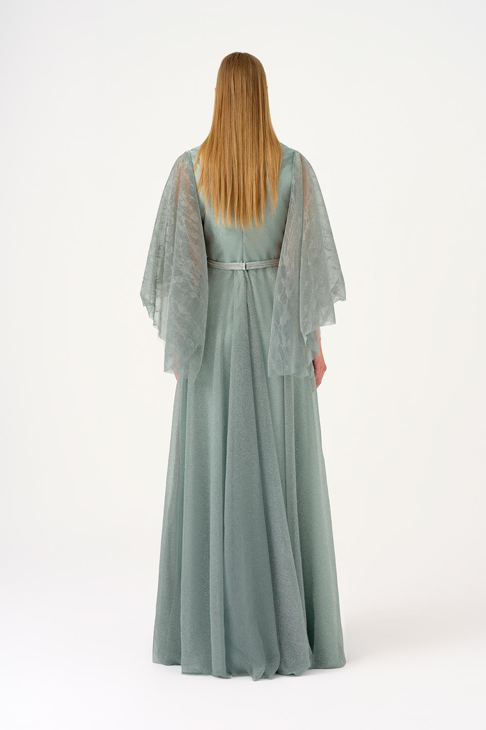 Volanlı Yarım Kol Simli Uzun Abiye Elbise - 9144C